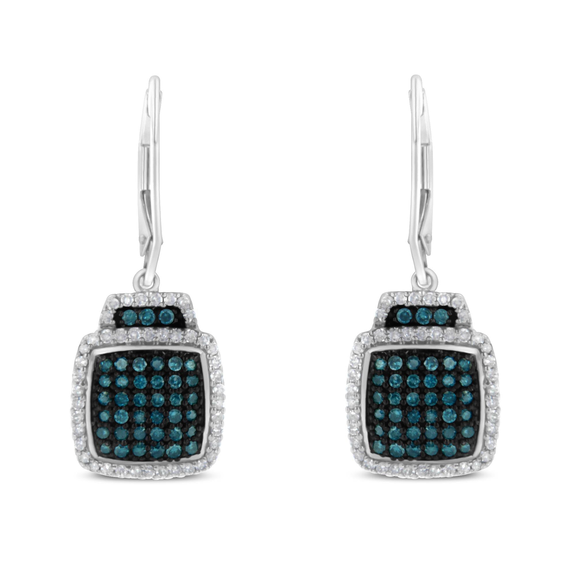 Black Rhodium over .925 Sterling Silver ¾ Cttw Blue and White Diamond Cushion Shaped Dangle Earrings (Enhanced Blue & I-J Color, I2-I3 Clarity) - Friggin Jewelry