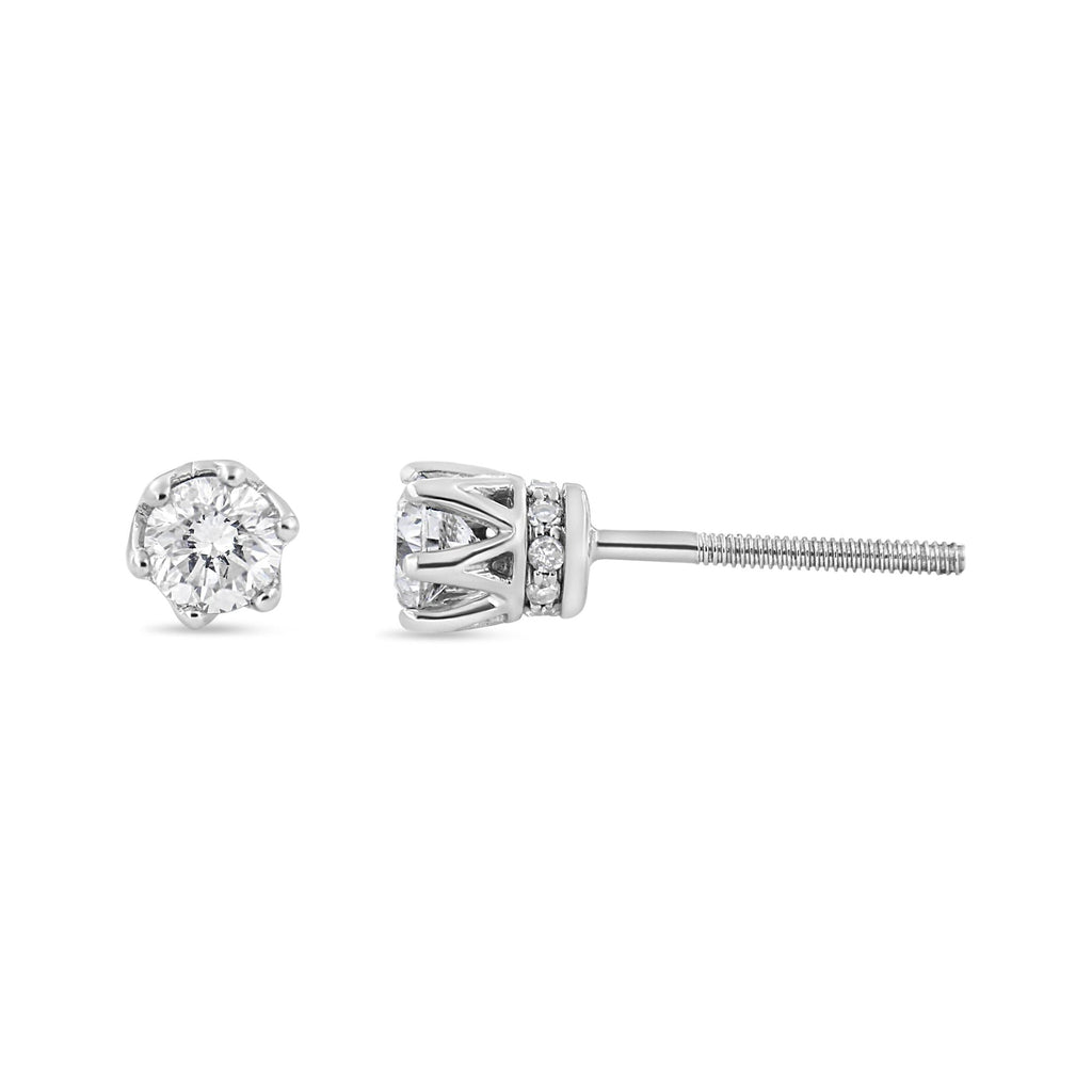 Aretes tipo corona de 6 puntas con diamantes redondos de 1/2 quilates en oro blanco de 14 quilates (color IJ, claridad I1-I2) - Friggin Jewelry