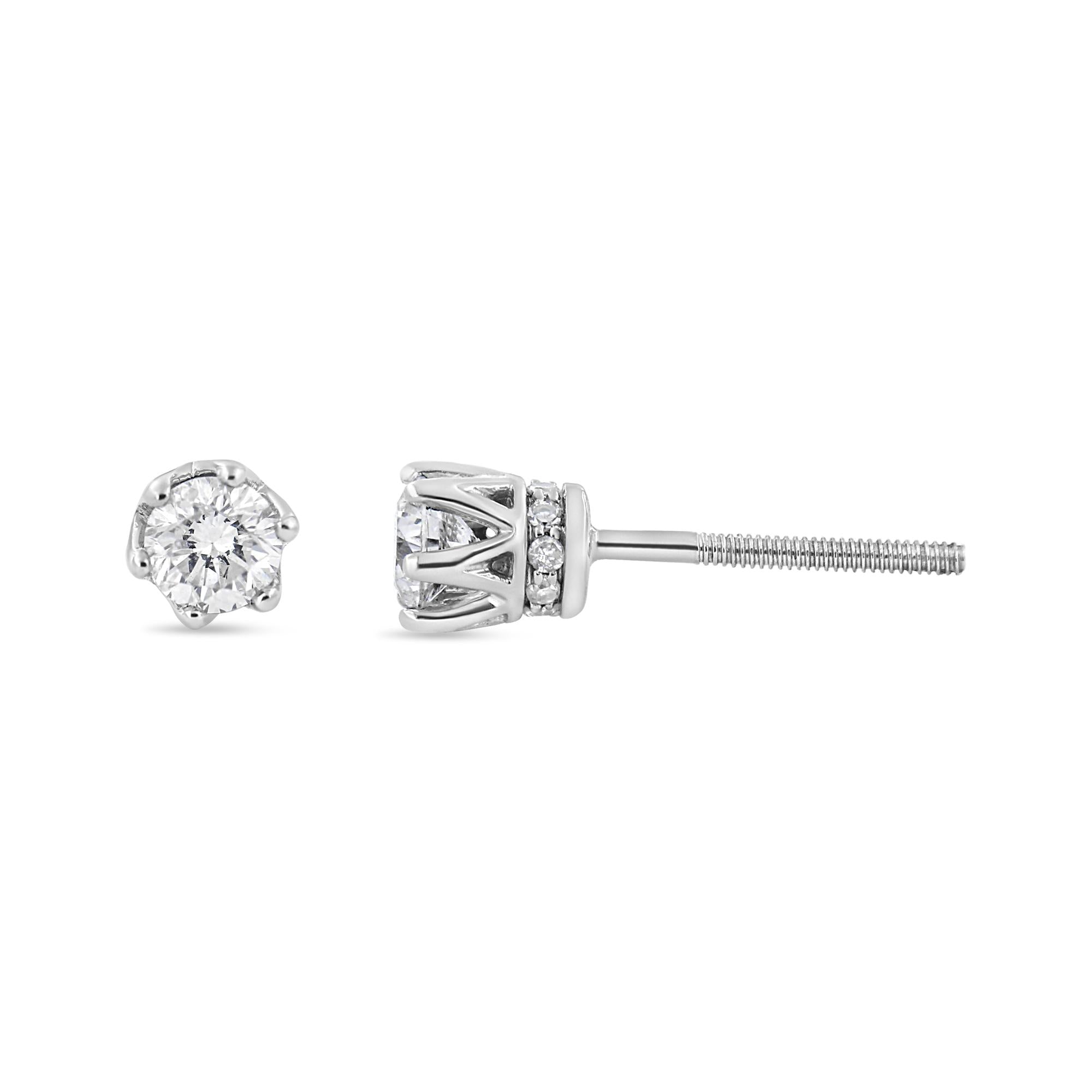 Aretes tipo corona de 6 puntas con diamantes redondos de 1/2 quilates en oro blanco de 14 quilates (color IJ, claridad I1-I2) - Friggin Jewelry
