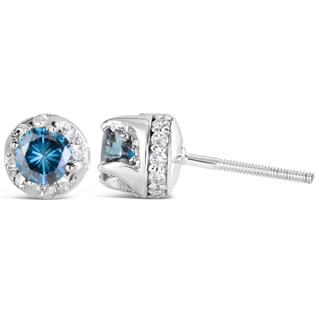 Aretes de oro blanco de 14 quilates con halo oculto de diamantes azules y blancos tratados de 1,00 quilates (color azul/IJ, claridad I2-I3) - Friggin Jewelry