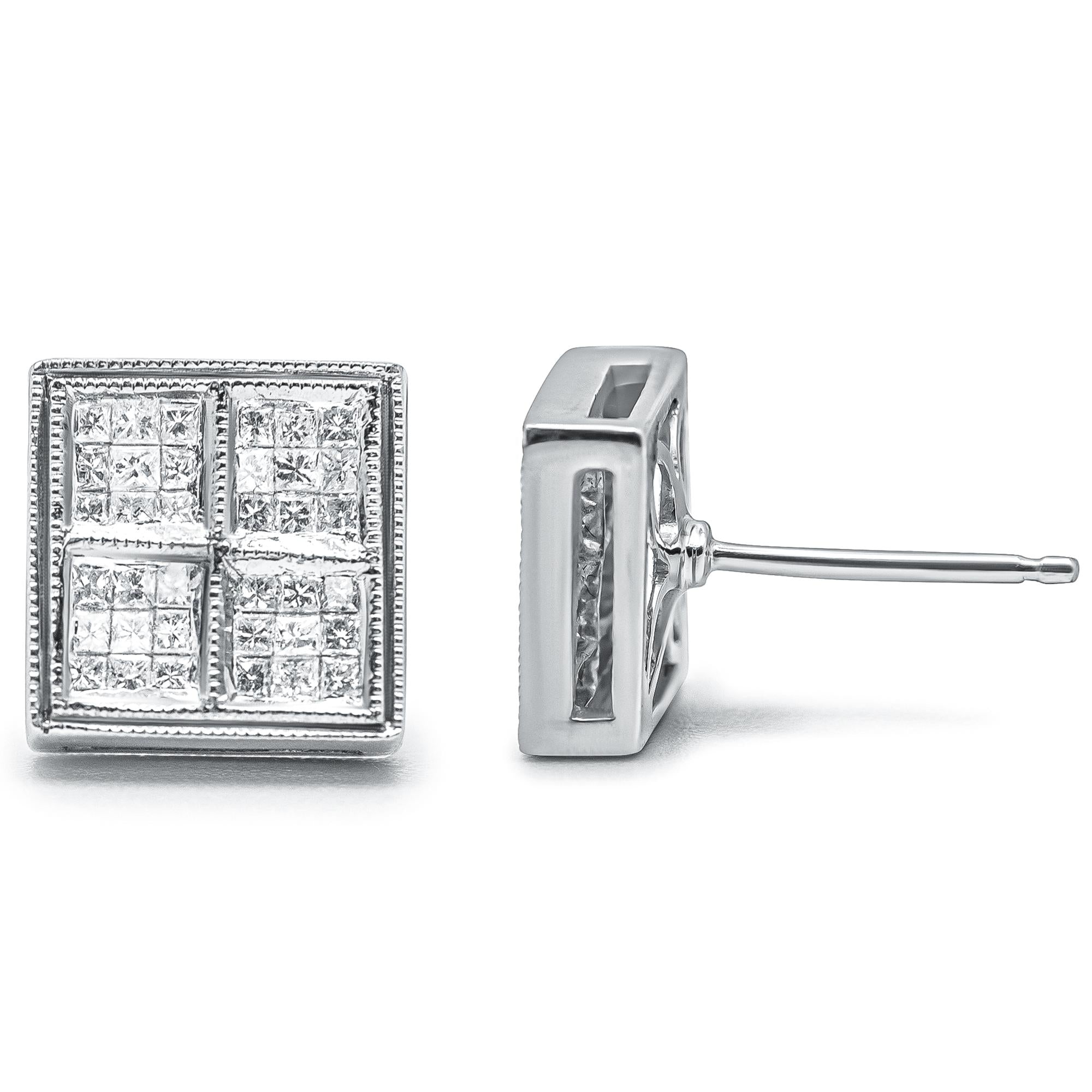Aretes de oro blanco de 14 quilates con diamante princesa de 1/2 ct y forma de caja milgrain (color HI, claridad SI1-SI2) - Friggin Jewelry