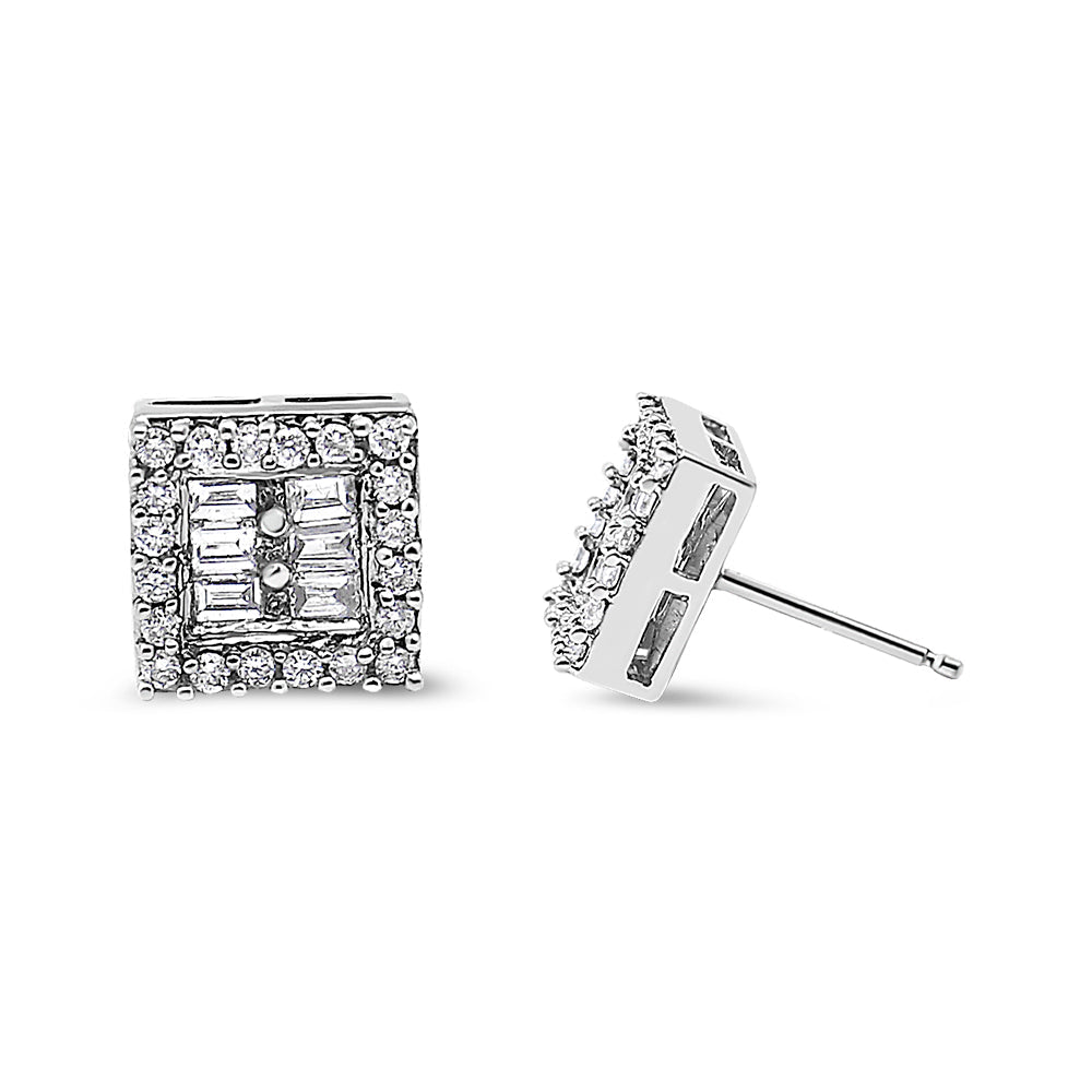 Orecchini a bottone in oro bianco 14 carati con diamanti taglio rotondo e baguette da 1 carato (HI, SI1-SI2) - Friggin Jewelry