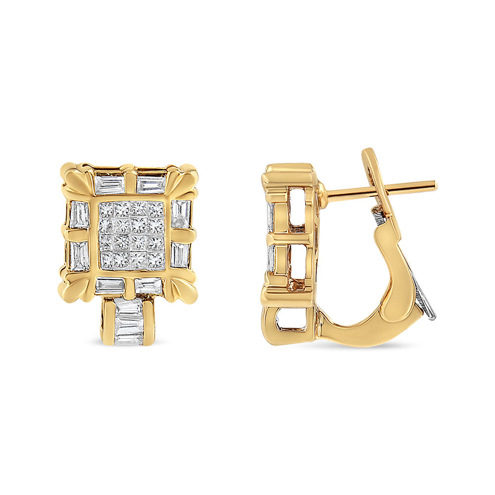 14K Yellow Gold 7/8 Cttw Princess and Baguette-Cut Diamond Square Framed Huggie Hoop Omega Earrings (H-I Color, SI1-SI2 Clarity) - Friggin Jewelry