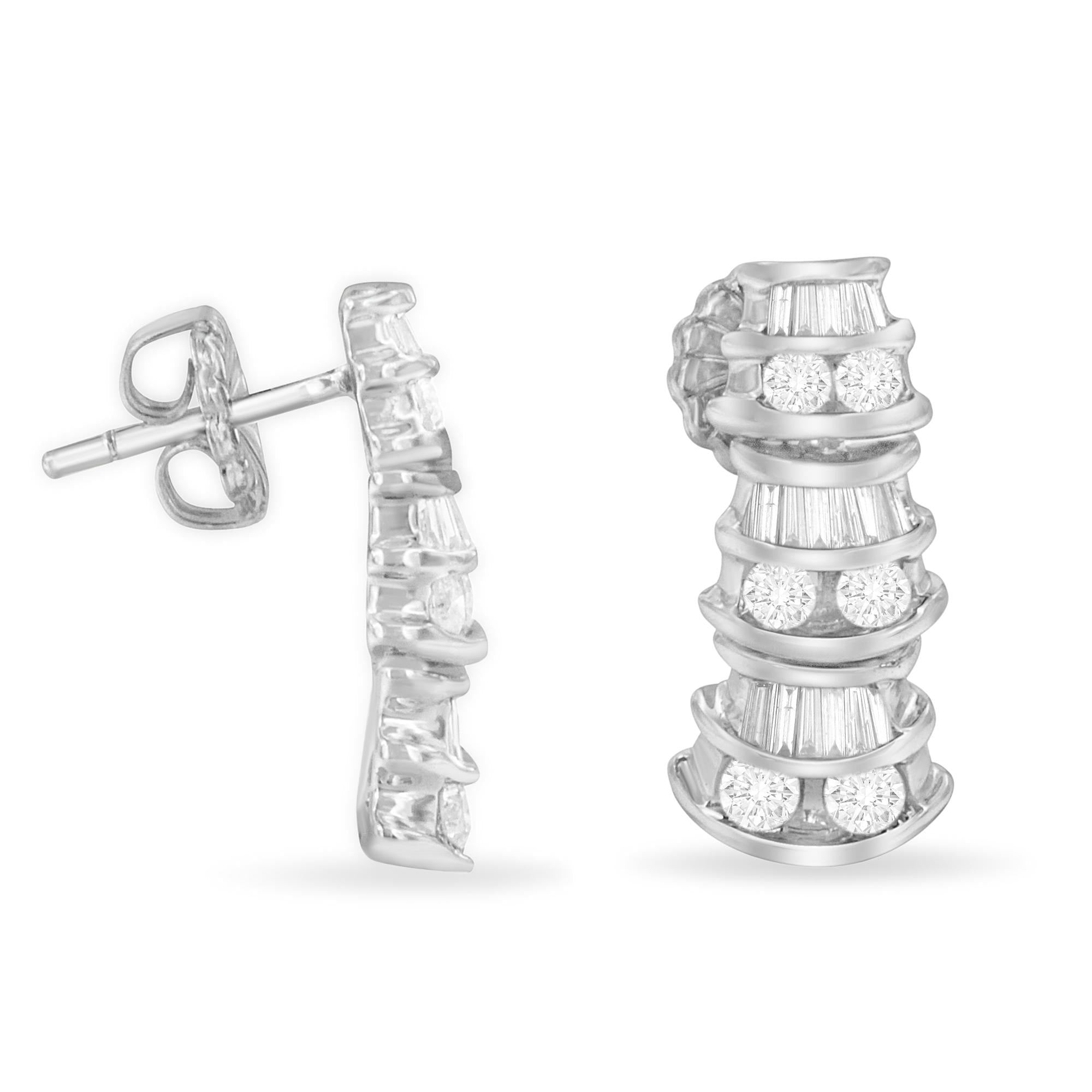 14KT White Gold 7/8 cttw Bagutte & Round Brilliant-Cut Diamond Dangle Multi Row Earrings (H-I, SI2-I1) - Friggin Jewelry