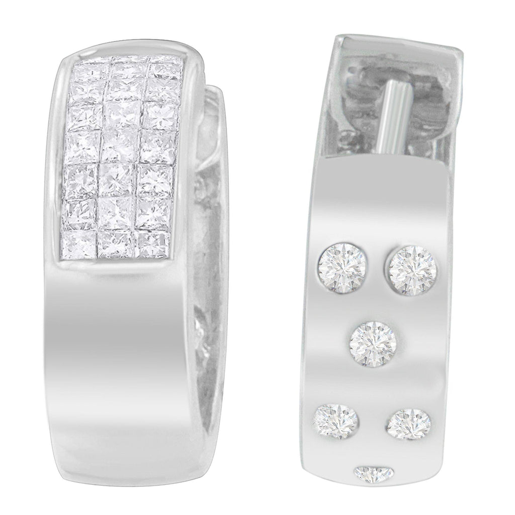 14K White Gold 1 1/8 cttw Princess and Round Cut Diamond Huggie Earrings (H-I, VS1-VS2) - Friggin Jewelry