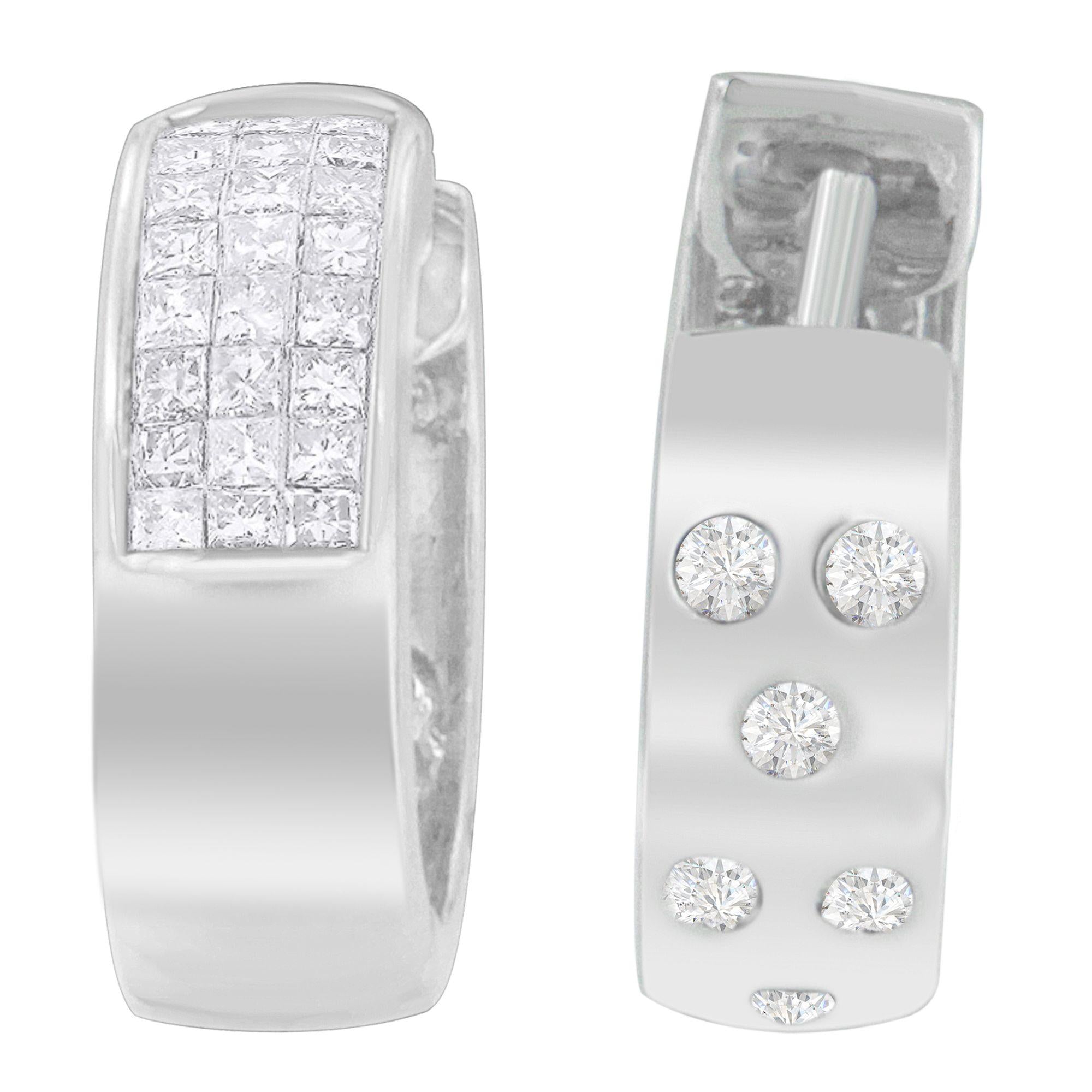 14K White Gold 1 1/8 cttw Princess and Round Cut Diamond Huggie Earrings (H-I, VS1-VS2) - Friggin Jewelry