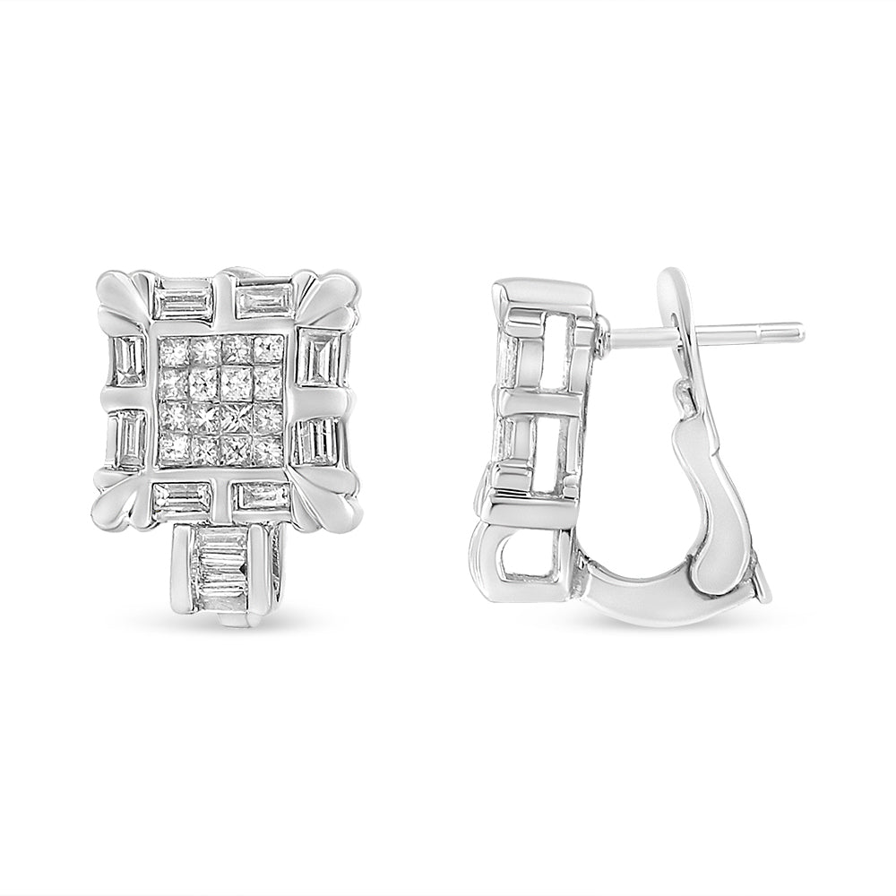 14K White Gold 1.0 Cttw Princess and Baguette-Cut Diamond Square Framed Huggie Hoop Omega Earrings (H-I Color, SI1-SI2 Clarity) - Friggin Jewelry