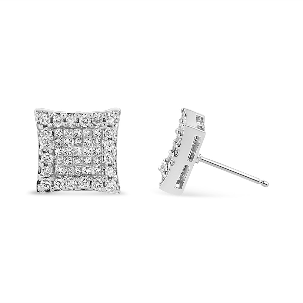 18K White Gold 1.00 Cttw Round and Princess-Cut Diamond Halo Square Stud Earring (G-H Color, SI1-SI2 Clarity) - Friggin Jewelry