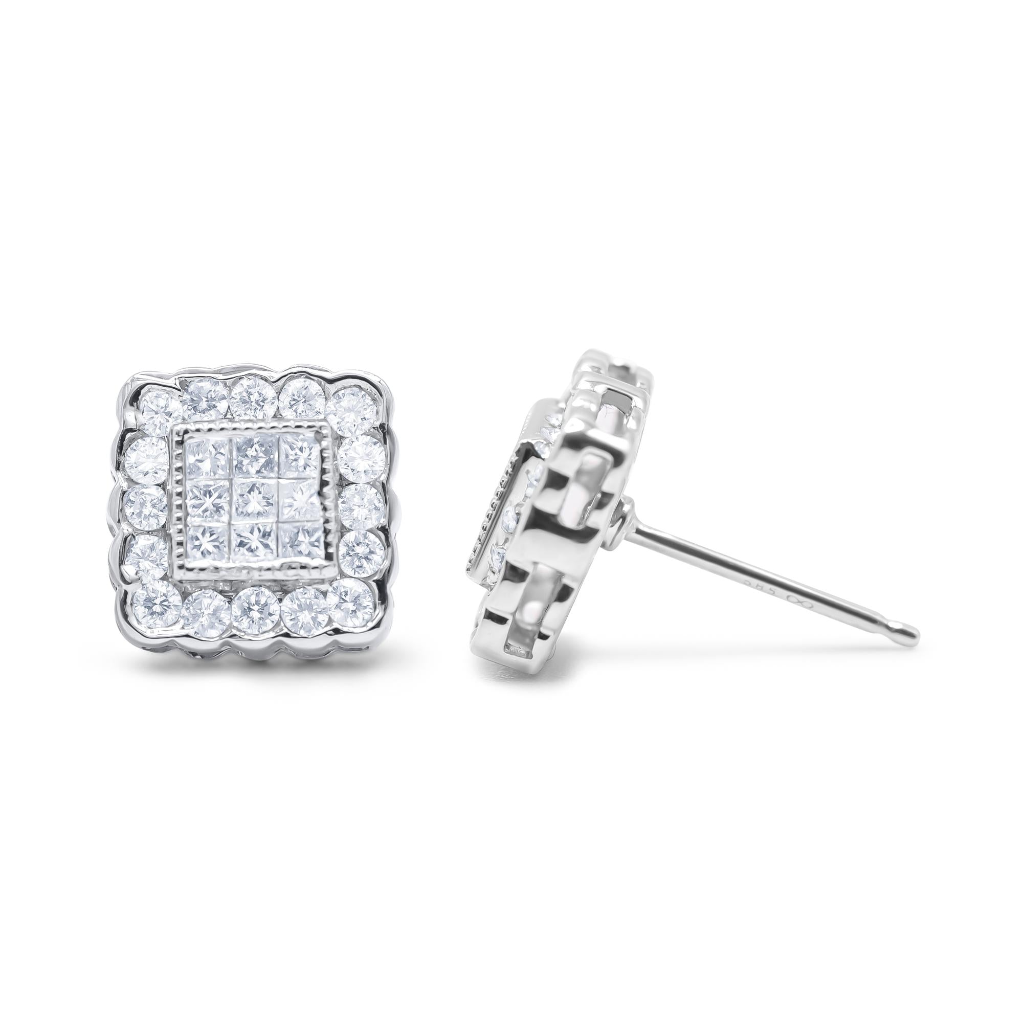 Aretes de oro blanco de 14 quilates con halo cuadrado enmarcado con diamantes de talla brillante y princesa de 1,0 quilates (color GH, claridad SI1-SI2) - Friggin Jewelry