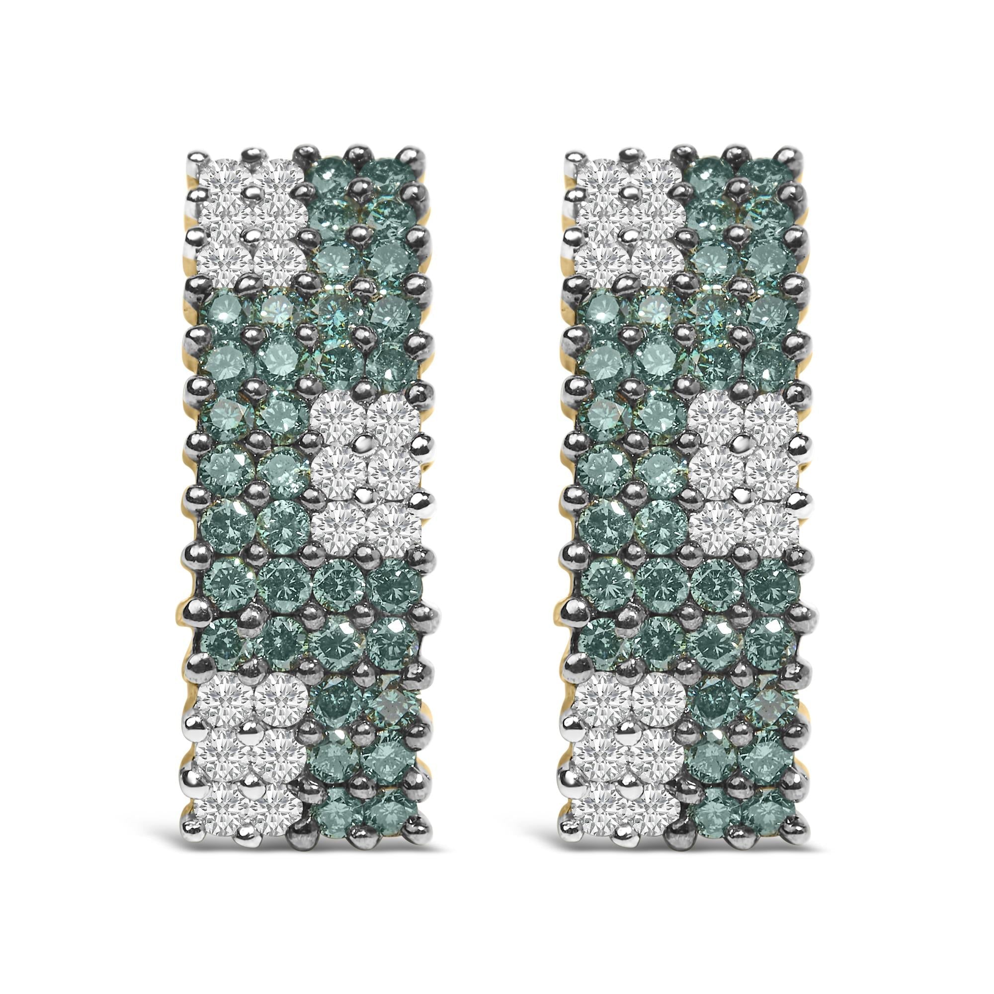 Orecchini Omegaback a quattro file in oro giallo 14 carati con diamanti bianchi e blu trattati da 2,00 ct (colore HI, purezza SI1-SI2) - Friggin Jewelry