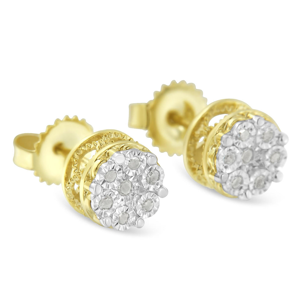 10K Yellow Gold over .925 Sterling Silver 1/7 Cttw Rose-Cut Miracle-Set Diamond Floral Cluster Button Stud Earrings (I-J Color, I3 Clarity) - Friggin Jewelry