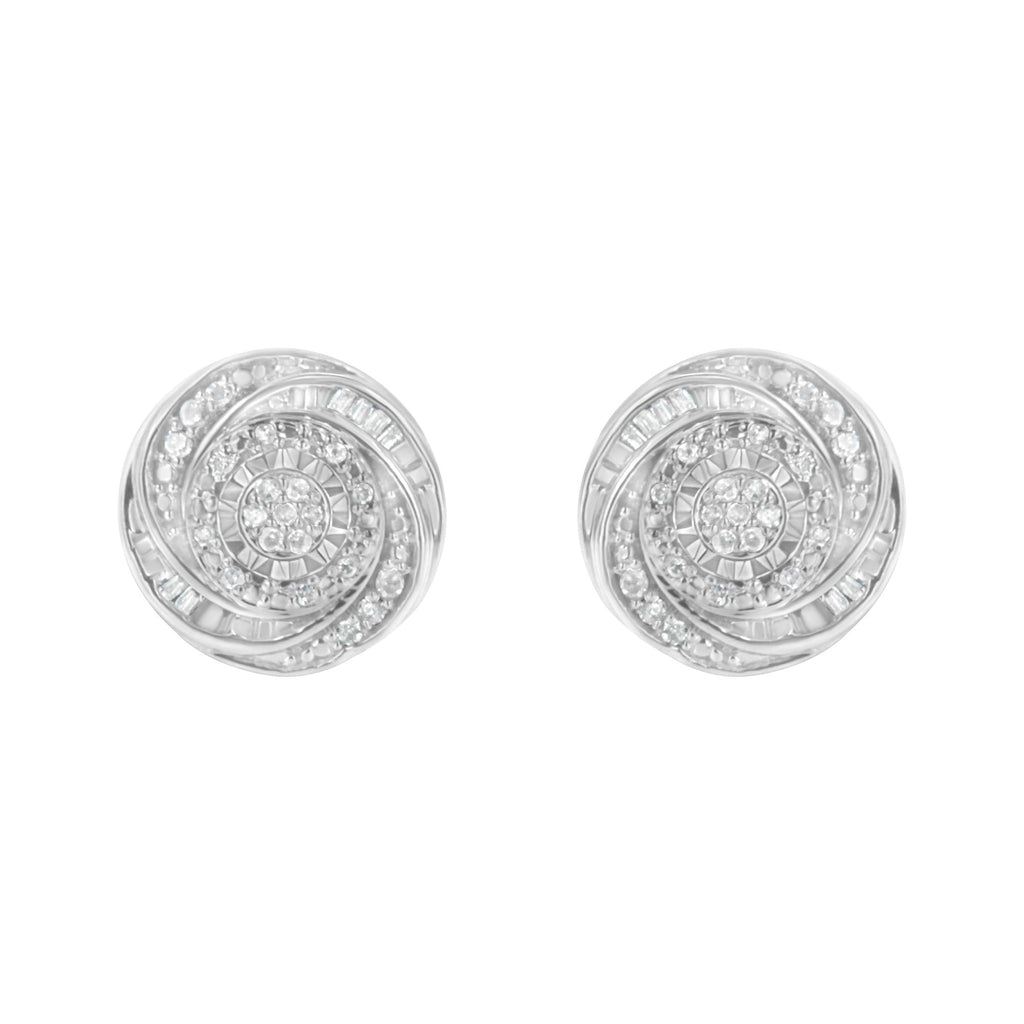 .925 Sterling Silver 1/4 Cttw Baguette and Round Diamond Swirl Love Knot Stud Earrings (I-J Color, I3 Clarity) - Friggin Jewelry