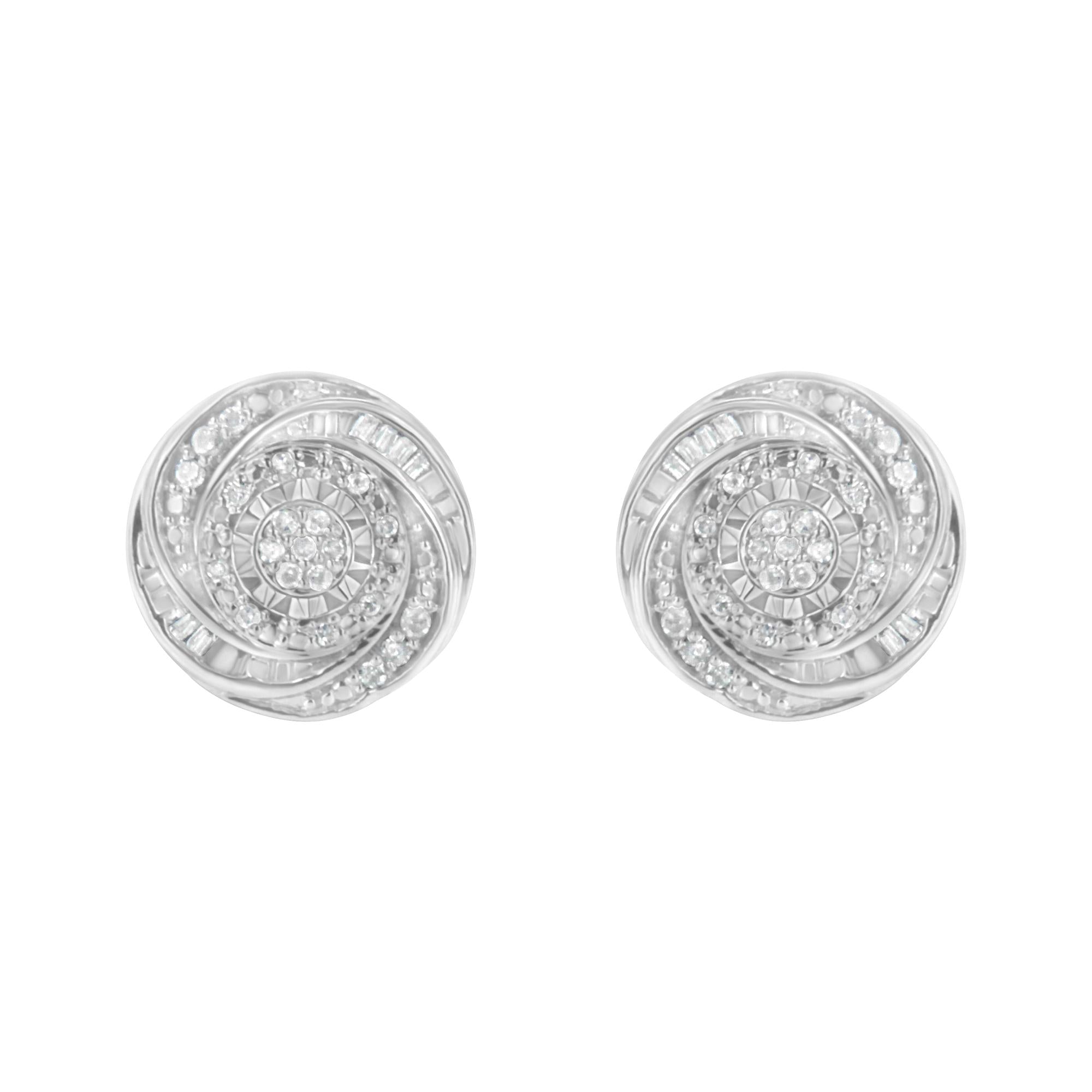 .925 Sterling Silver 1/4 Cttw Baguette and Round Diamond Swirl Love Knot Stud Earrings (I-J Color, I3 Clarity) - Friggin Jewelry