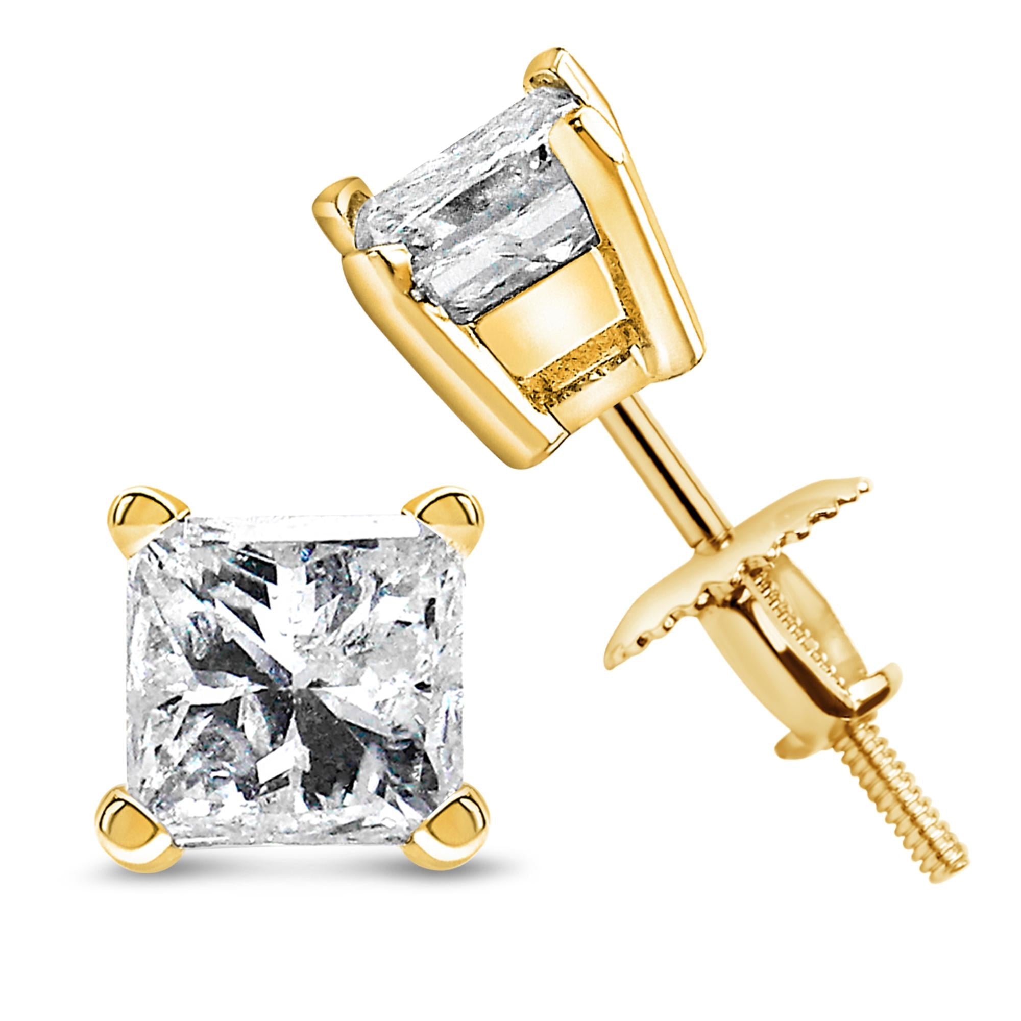 Aretes solitarios de 4 puntas con diamantes cuadrados de talla princesa de 1,00 ct en oro amarillo de 14 quilates con certificación IGI (color IJ, claridad VS1-VS2) - Friggin Jewelry