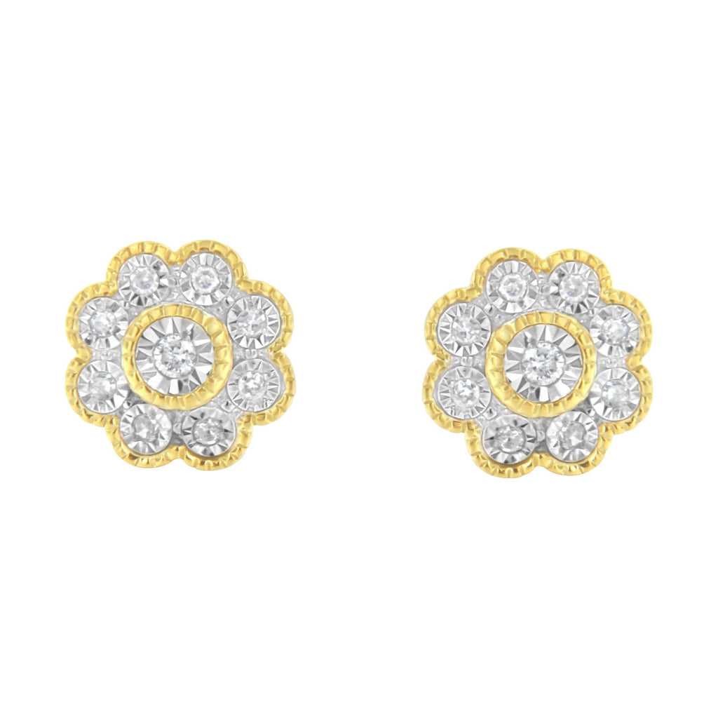 14K Yellow Gold Plated .925 Sterling Silver 1/6 Cttw Miracle-Plate Set Diamond Floral Stud Earrings (I-J Color, I2-I3 Clarity) - Friggin Jewelry