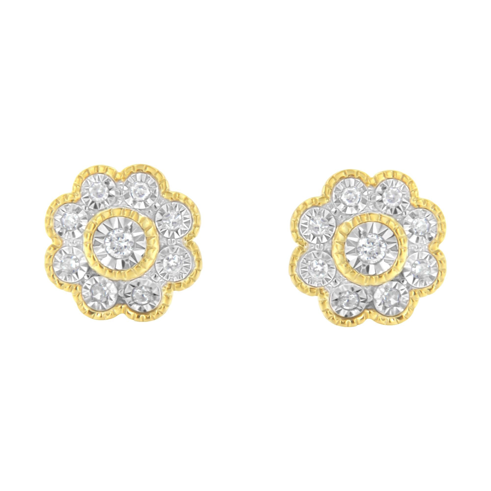 14K Yellow Gold Plated .925 Sterling Silver 1/6 Cttw Miracle-Plate Set Diamond Floral Stud Earrings (I-J Color, I2-I3 Clarity) - Friggin Jewelry