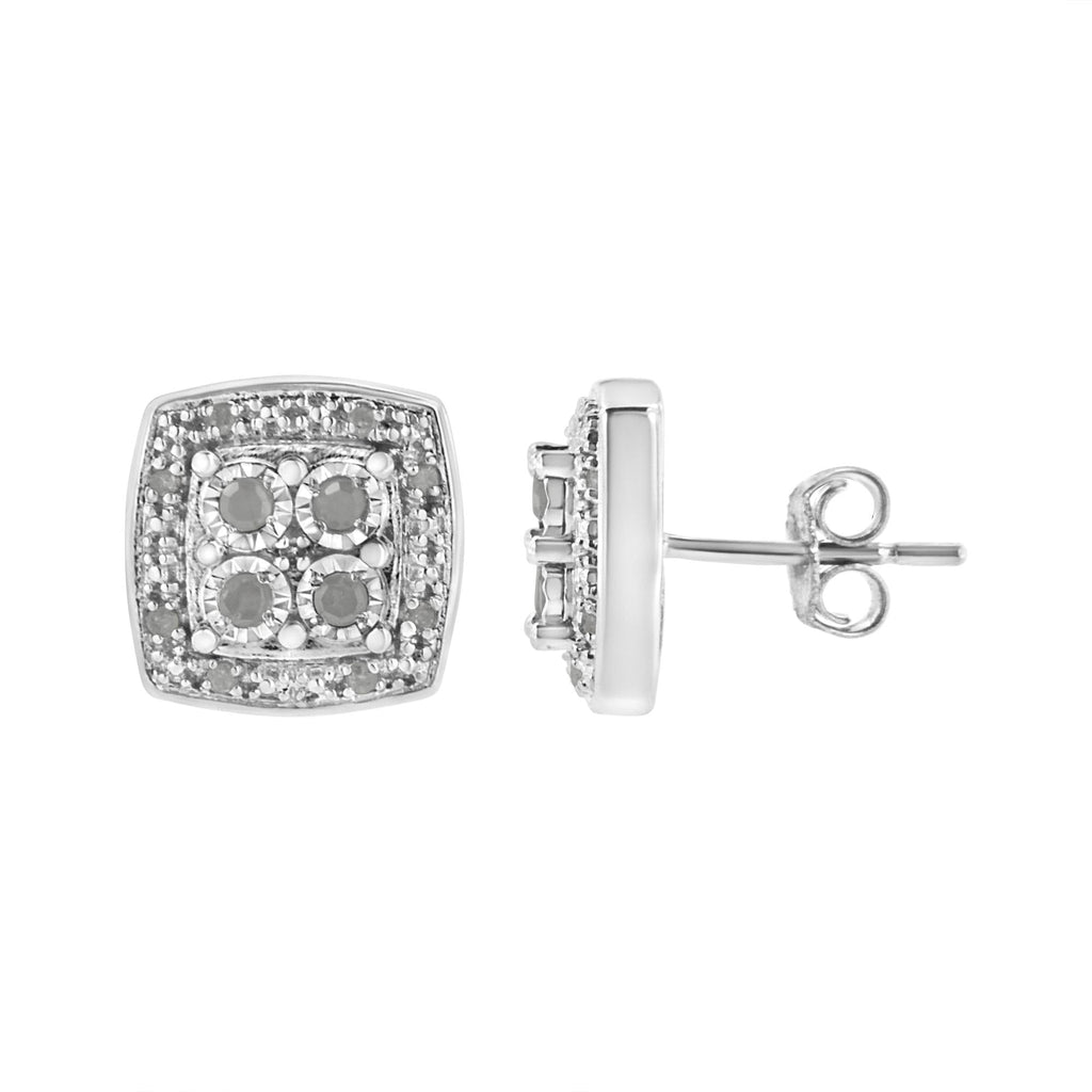 .925 Sterling Silver 1/4 cttw Round Cut Diamond Square Shape Milgrain Stud Earrings (I-J Color, I3 Clarity) - Friggin Jewelry