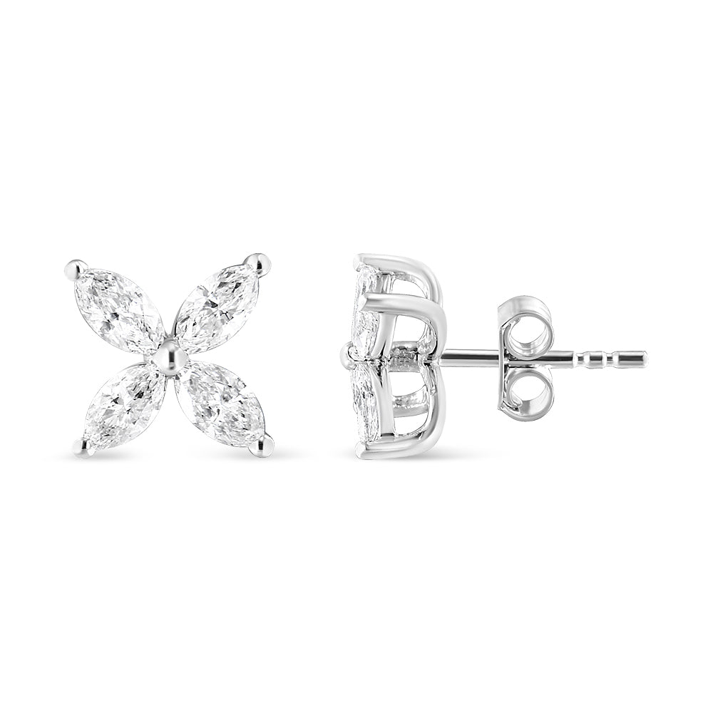 14K White Gold 1.0 Cttw Marquise Diamond 8 Stone Floral Leaf Stud Earrings (H-I Color, SI2-I1 Clarity) - Friggin Jewelry Premium