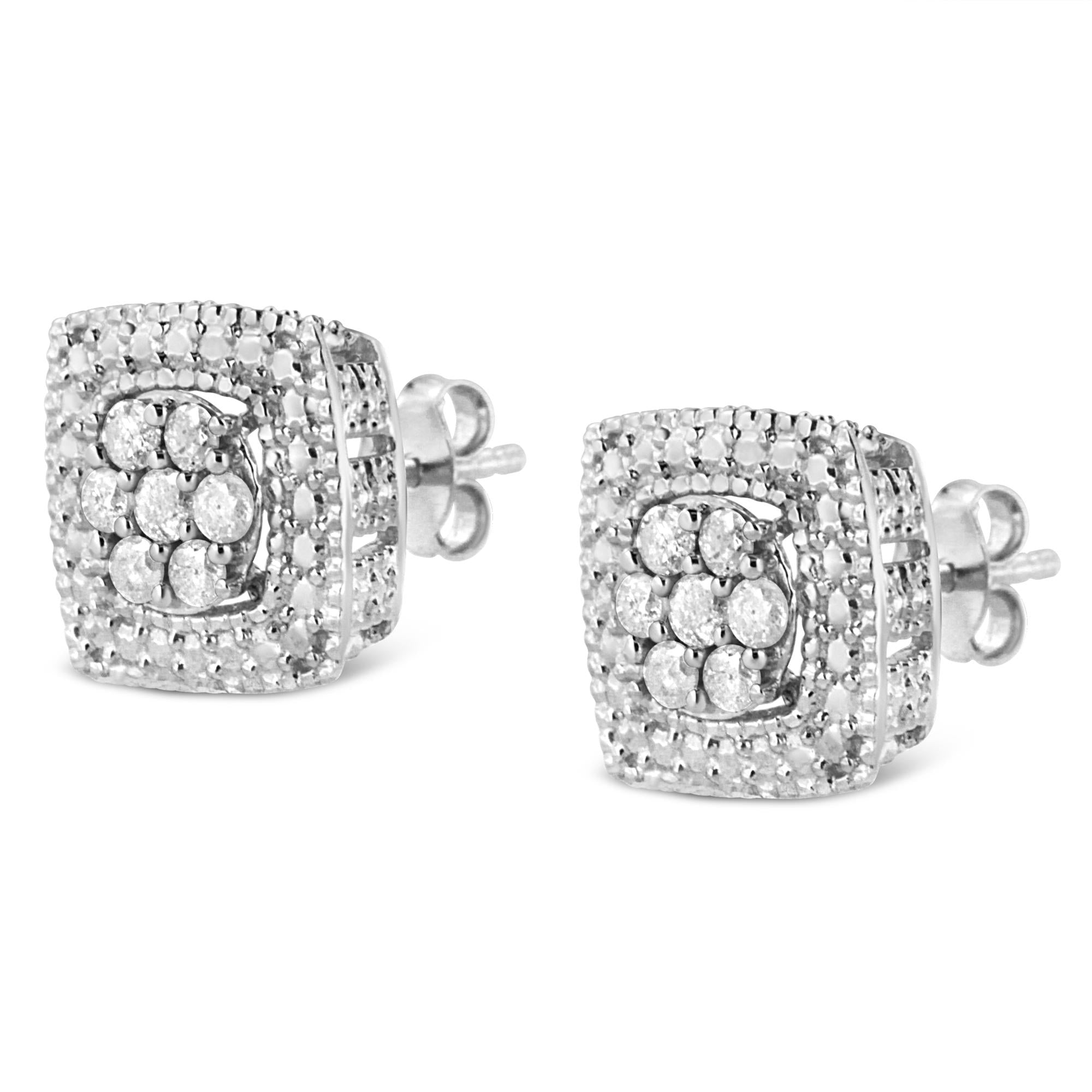 Pendientes de botón de plata de ley 925 con forma cuadrada de diamante de 1/2 quilates (color IJ, claridad I2-I3) - Friggin Jewelry