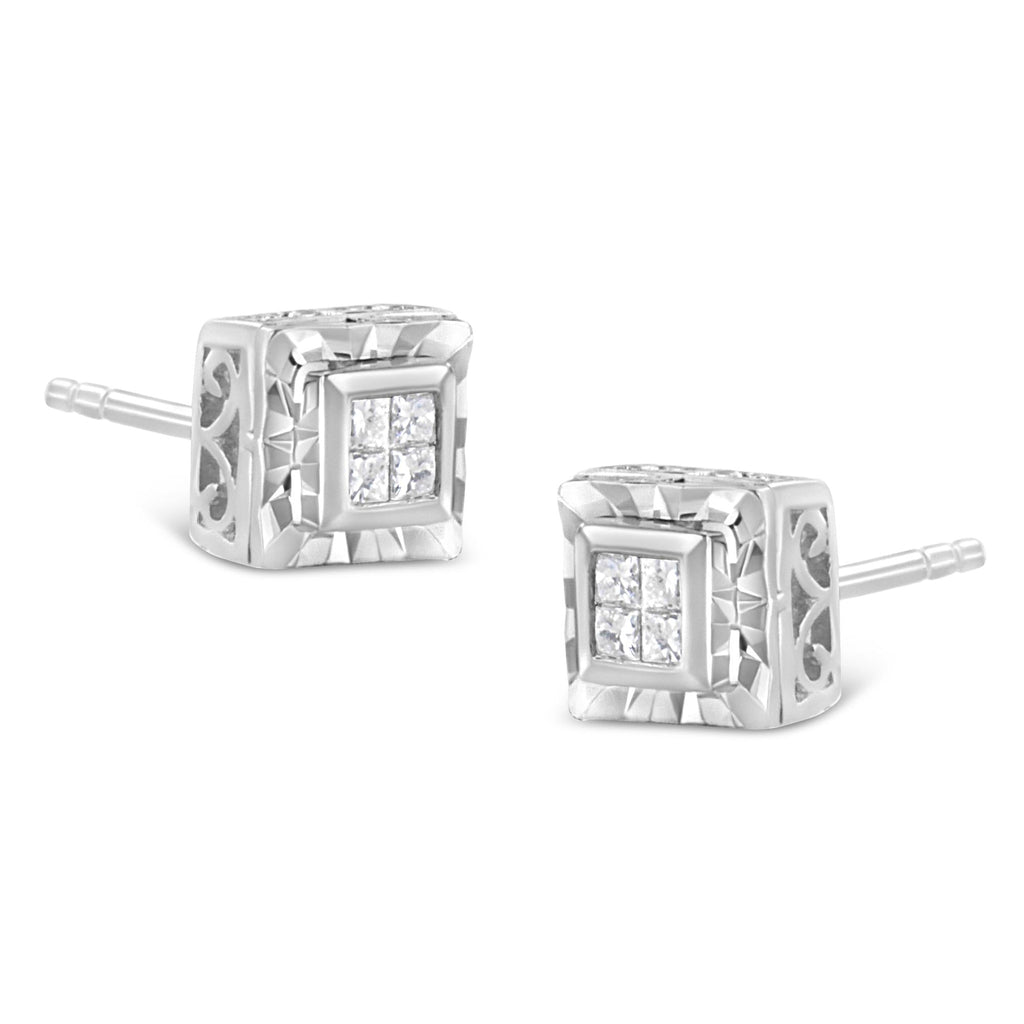 .925 Sterling Silver 1/6 Cttw Invisible Set Princess-Cut Diamond Quad Composite Stud Earrings (H-I Color, I1-I2 Clarity) - Friggin Jewelry