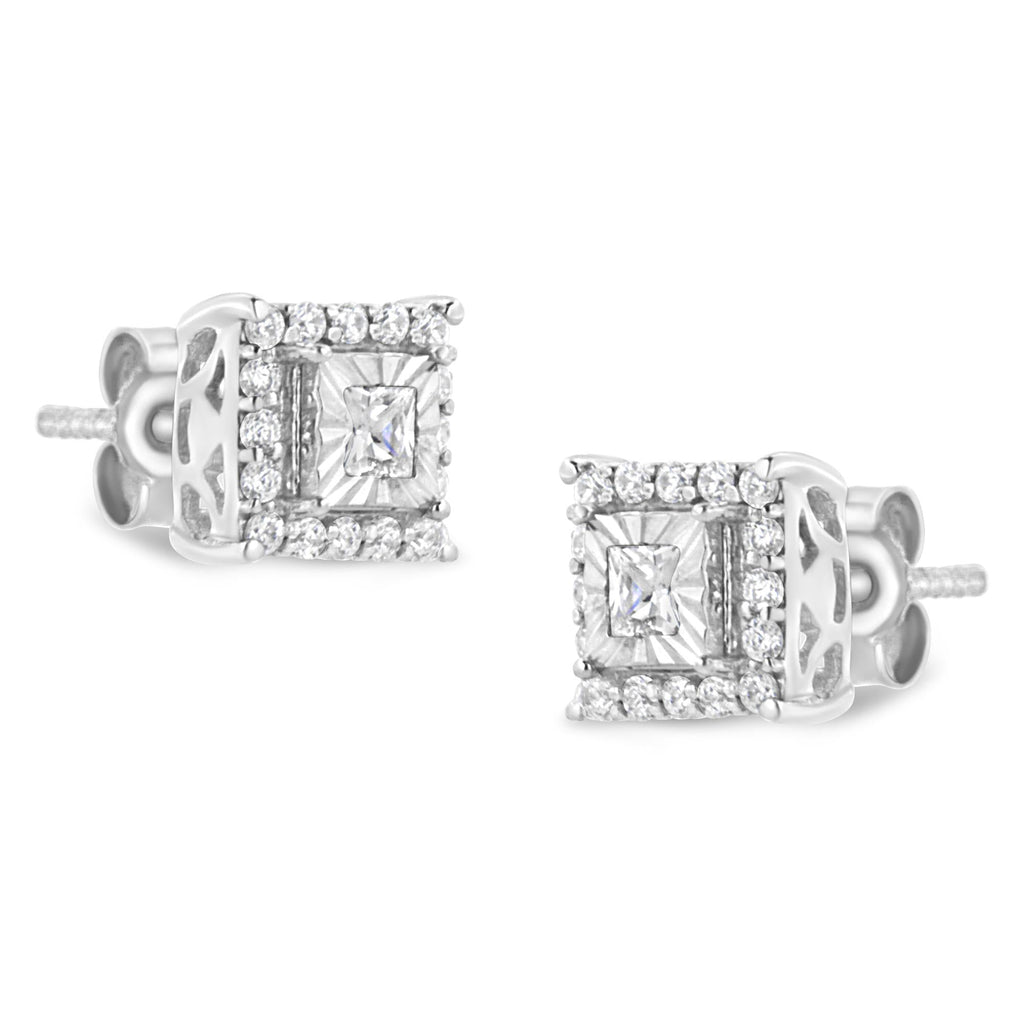 Pendientes de plata de ley 925 con halo de diamantes de talla princesa y redonda de 1/4 ct (color IJ, claridad I2-I3) - Friggin Jewelry