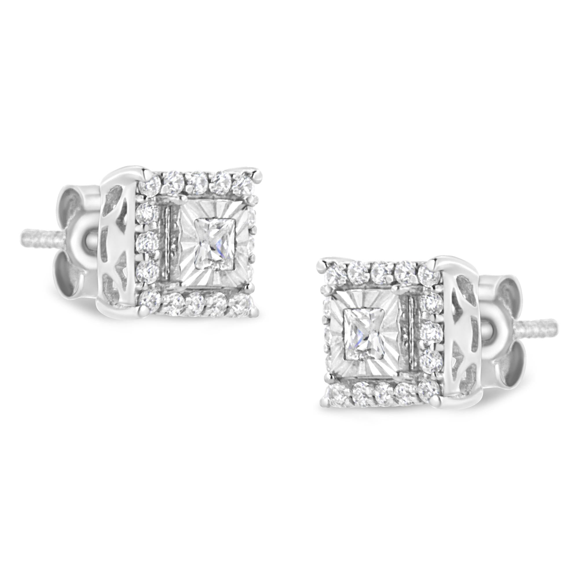 Pendientes de plata de ley 925 con halo de diamantes de talla princesa y redonda de 1/4 ct (color IJ, claridad I2-I3) - Friggin Jewelry
