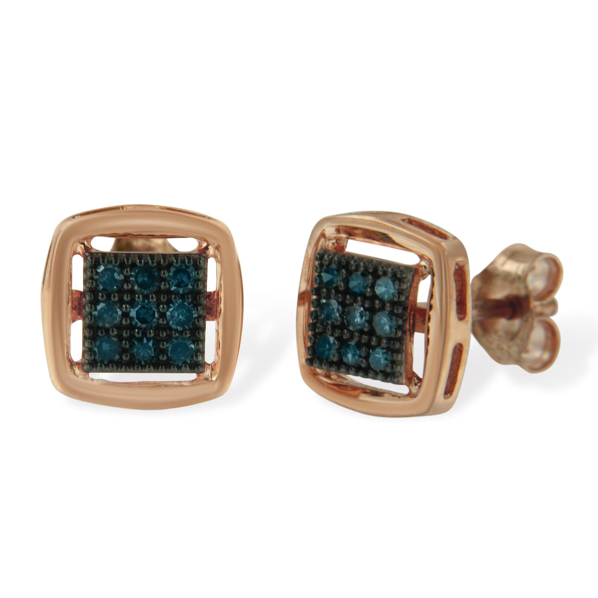 Rose Plated Sterling Silver Rose Cut Treated Diamond Stud Earring (0.25 cttw, Blue Color, I2-I3 Clarity) - Friggin Jewelry