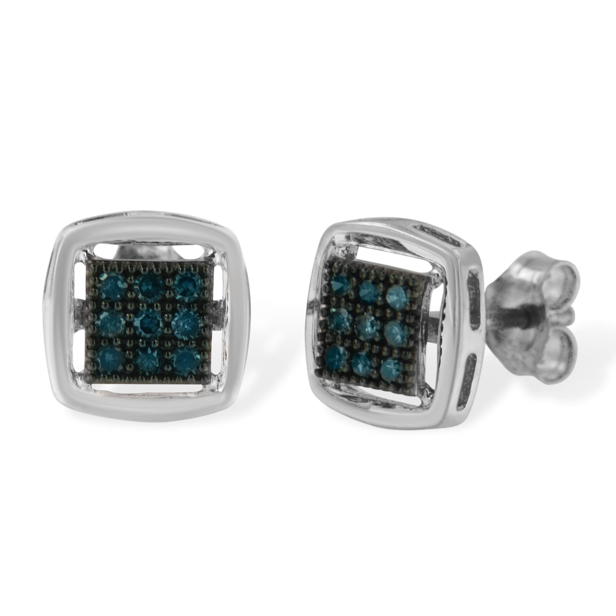 Orecchini a bottone quadrati in argento sterling con diamante blu trattato taglio rosa (0,25 cttw, colore blu, purezza I2-I3) - Friggin Jewelry