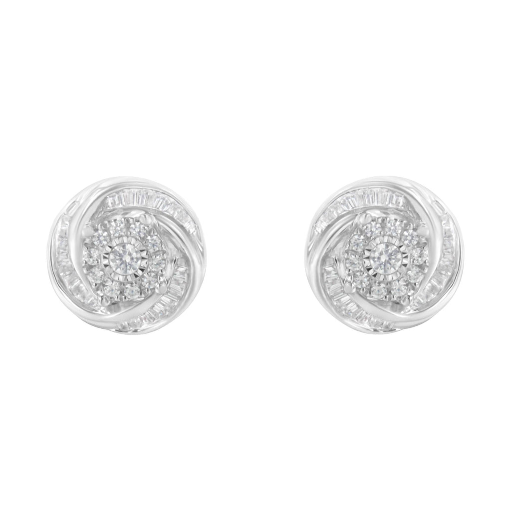 Pendiente de botón con nudo de amor de diamantes de talla baguette y redonda de 3/4 quilates en plata de ley 925 (color IJ, claridad I2-I3) - Friggin Jewelry