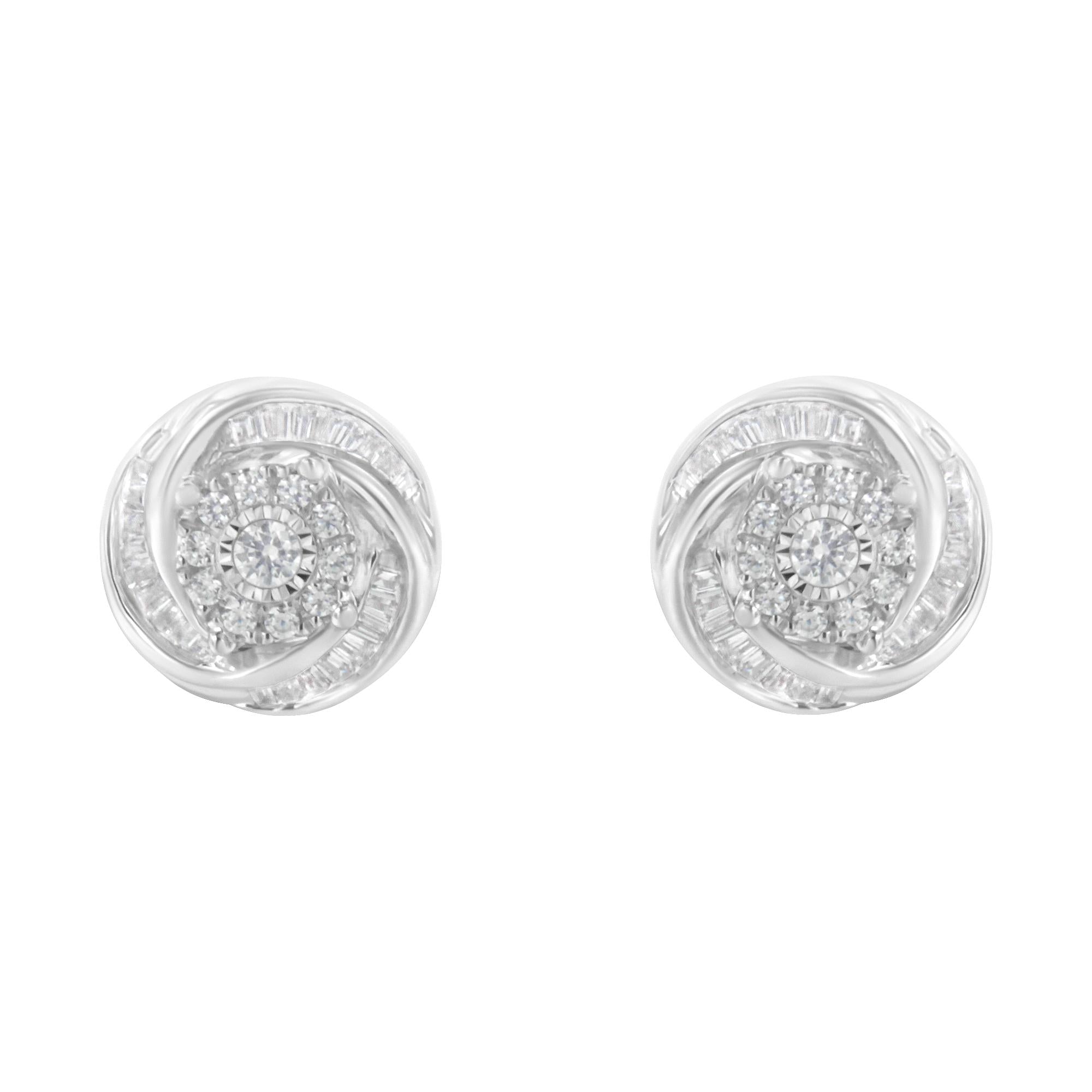 Pendiente de botón con nudo de amor de diamantes de talla baguette y redonda de 3/4 quilates en plata de ley 925 (color IJ, claridad I2-I3) - Friggin Jewelry