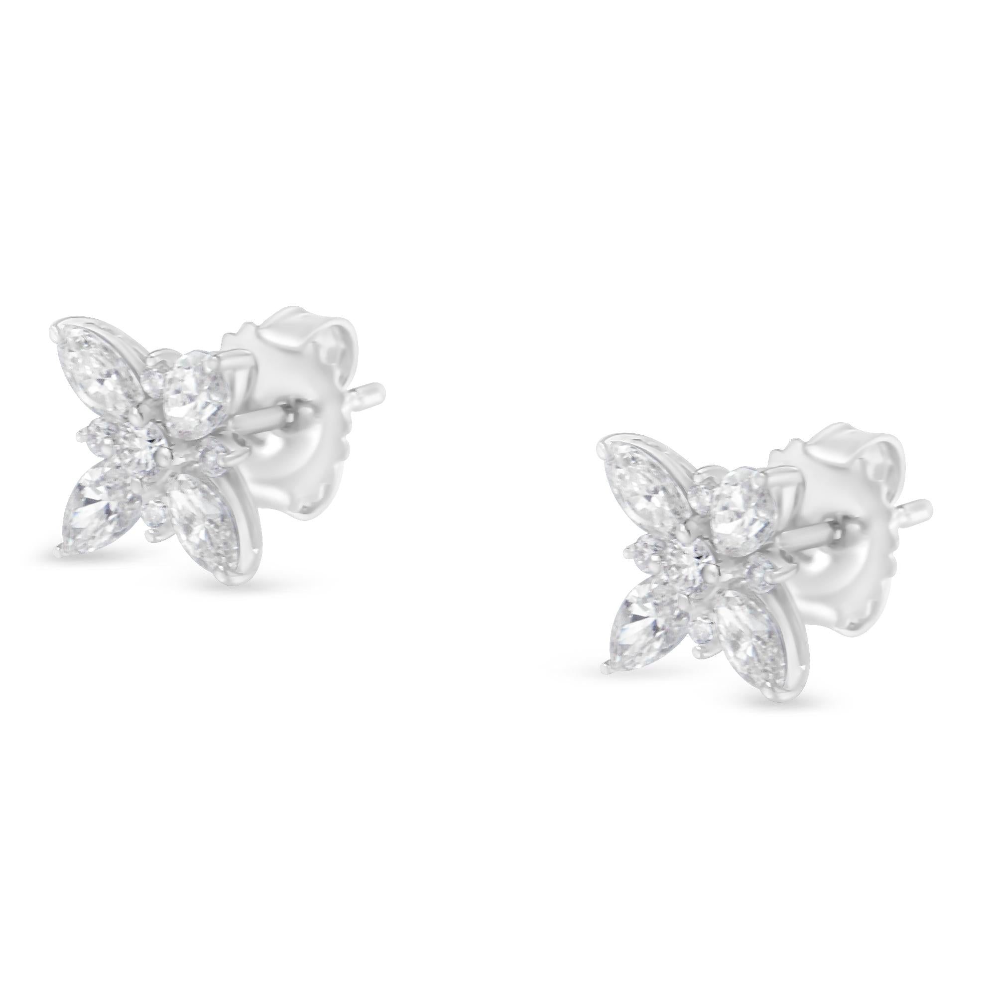 Orecchini a bottone a forma di fiore con diamanti Marquise in oro bianco 14 carati (1,00 cttw, colore HI, purezza SI1-SI2) - Friggin Jewelry