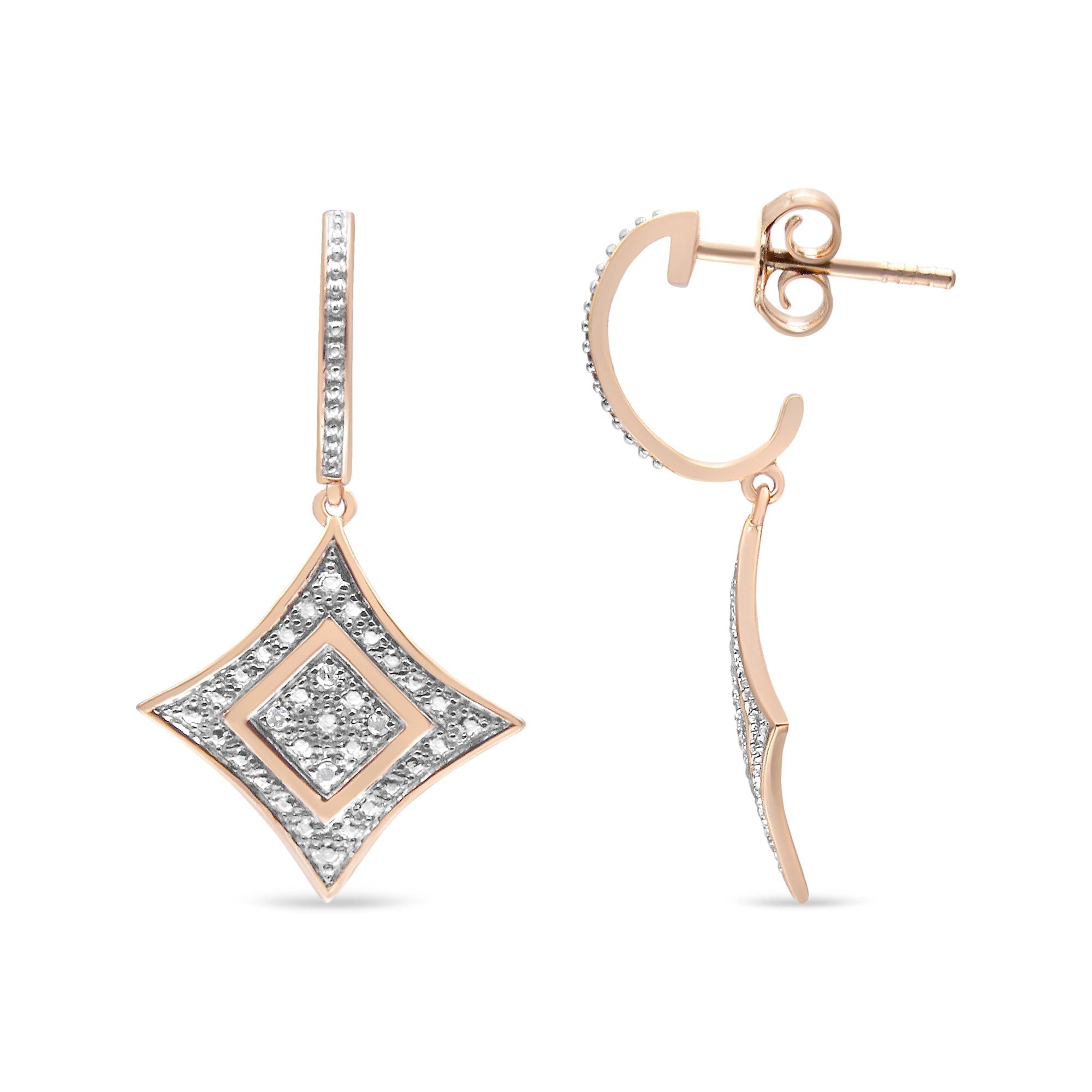 10K Rose Gold Plated Sterling Silver Round Cut Diamond Cushion Dangle Earrings (0.04 cttw, H-I Color, I2-I3 Clarity) - Friggin Jewelry