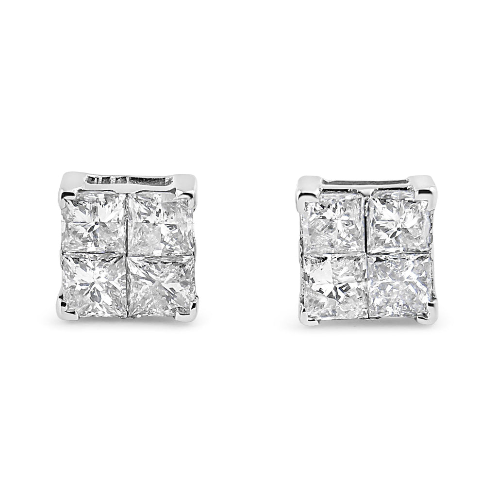 Aretes de oro blanco de 10 quilates con diamantes de talla princesa de 1,00 ct y forma cuadrada (color GH, claridad I2-I3) - Friggin Jewelry