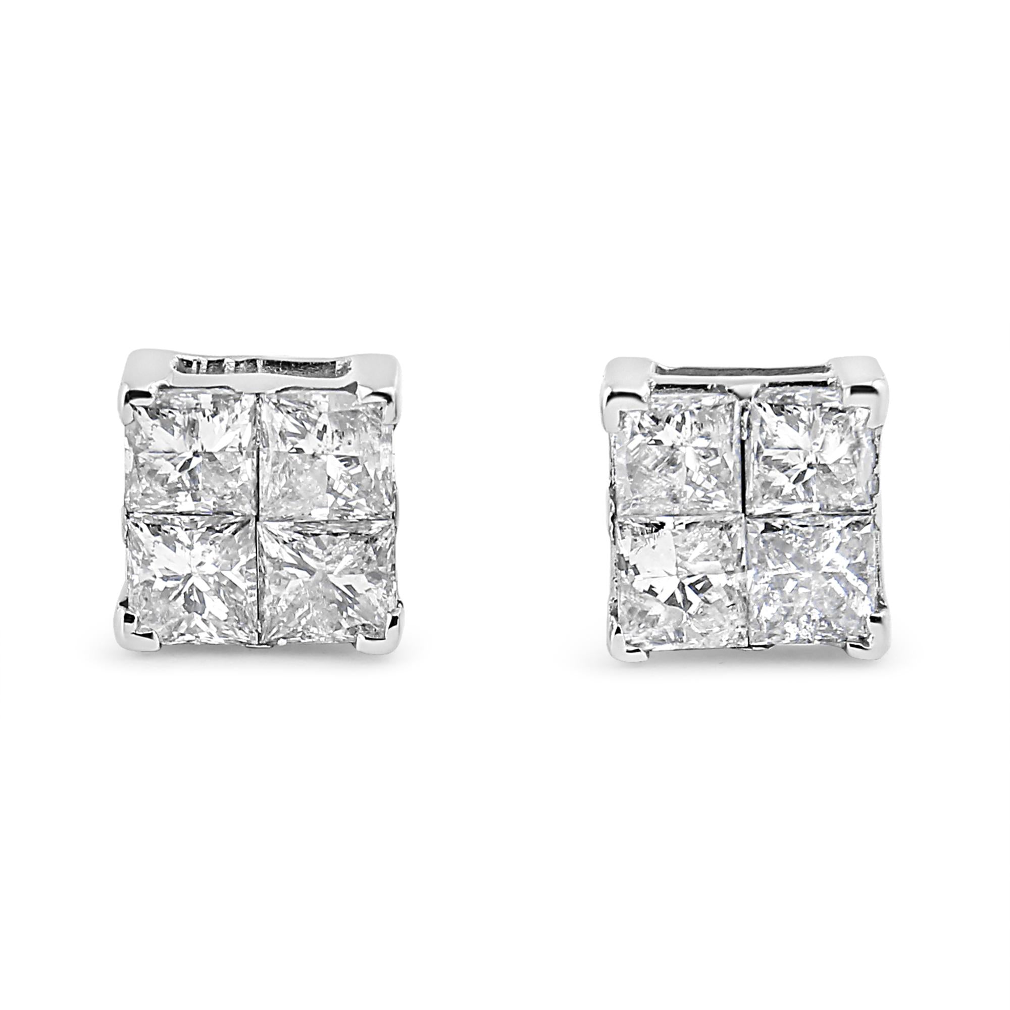 Aretes de oro blanco de 10 quilates con diamantes de talla princesa de 1,00 ct y forma cuadrada (color GH, claridad I2-I3) - Friggin Jewelry