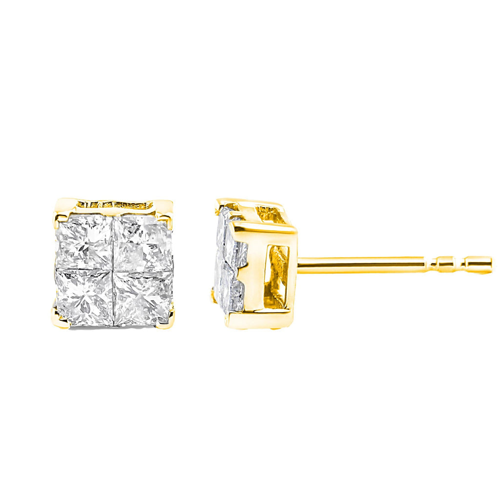 10K Yellow Gold Plated .925 Sterling Silver 1.0 Cttw Princess-Cut Diamond Composite Multi Stone Stud Earrings (J-K Color, SI2-I1 Clarity) - Friggin Jewelry
