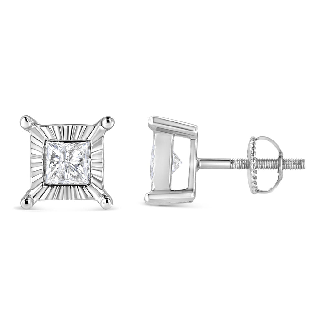 Pendientes solitarios de diamantes de talla princesa engastados en plata de ley 925 (color HI, claridad I2-I3) - Friggin Jewelry