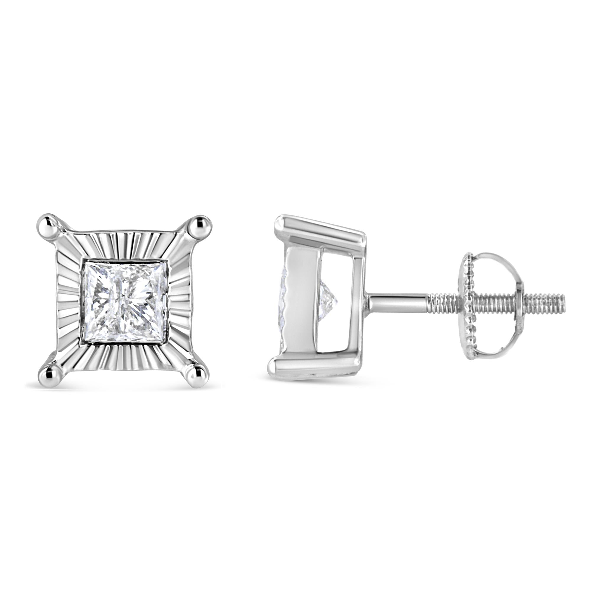 Pendientes solitarios de diamantes de talla princesa engastados en plata de ley 925 (color HI, claridad I2-I3) - Friggin Jewelry