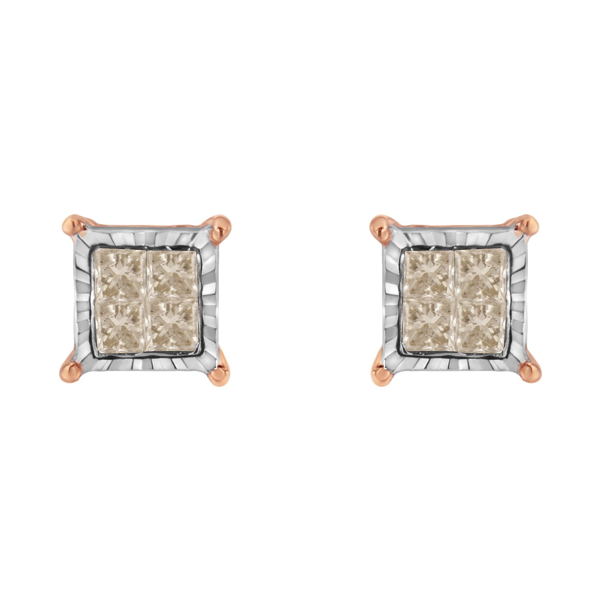 Aretes de diamantes compuestos de talla princesa de dos tonos de 10 quilates (1/2 ct, color JK, claridad I1-I2) - Friggin Jewelry