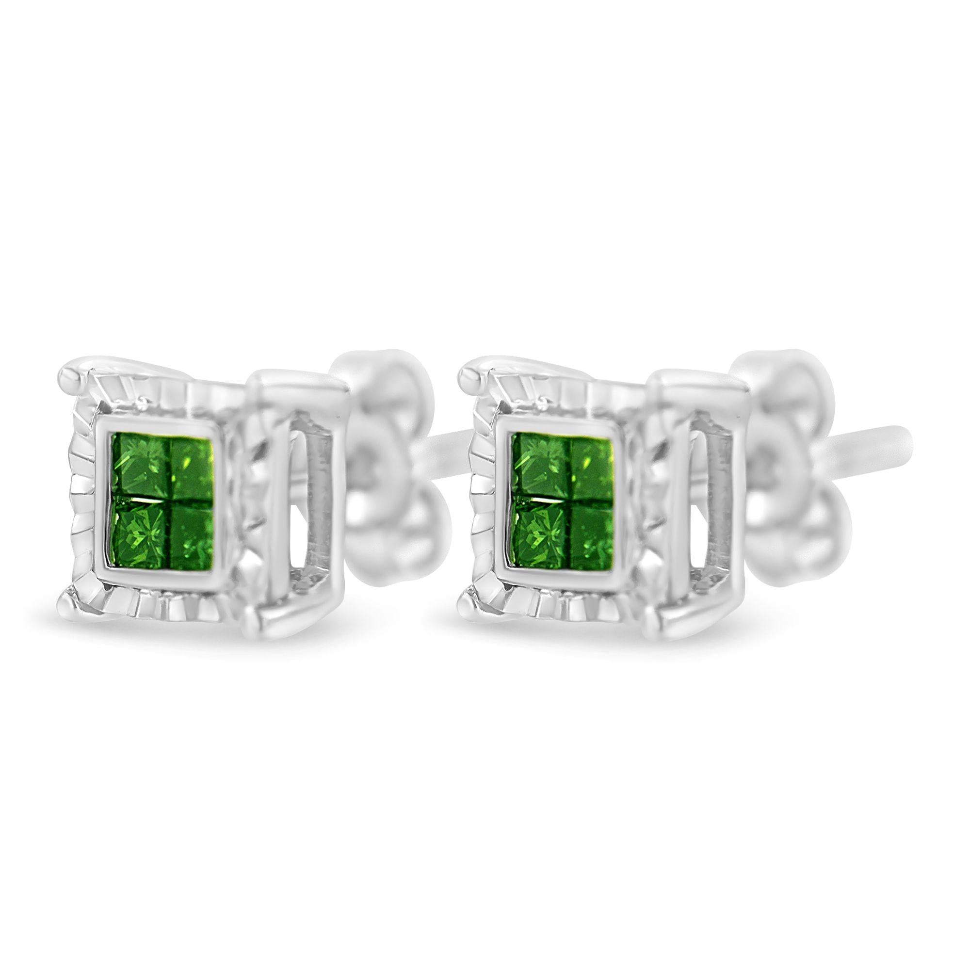 Sterling Silver Color Treated Princess Diamond Quad Stud Earring (1/2 cttw, Green Color, I1-I2 Clarity) - Friggin Jewelry