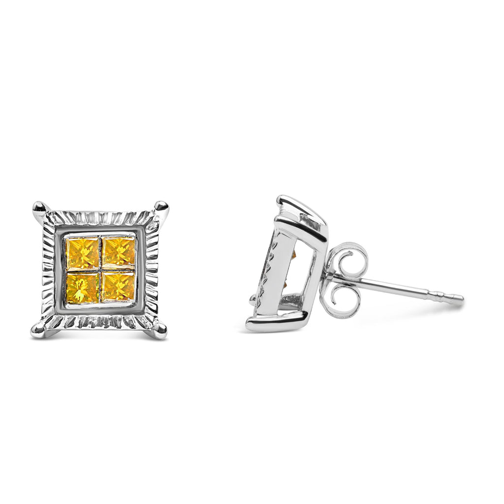 Pendientes de botón de cuatro diamantes princesa amarillos de 1/2 quilates en plata de ley 925 - Friggin Jewelry