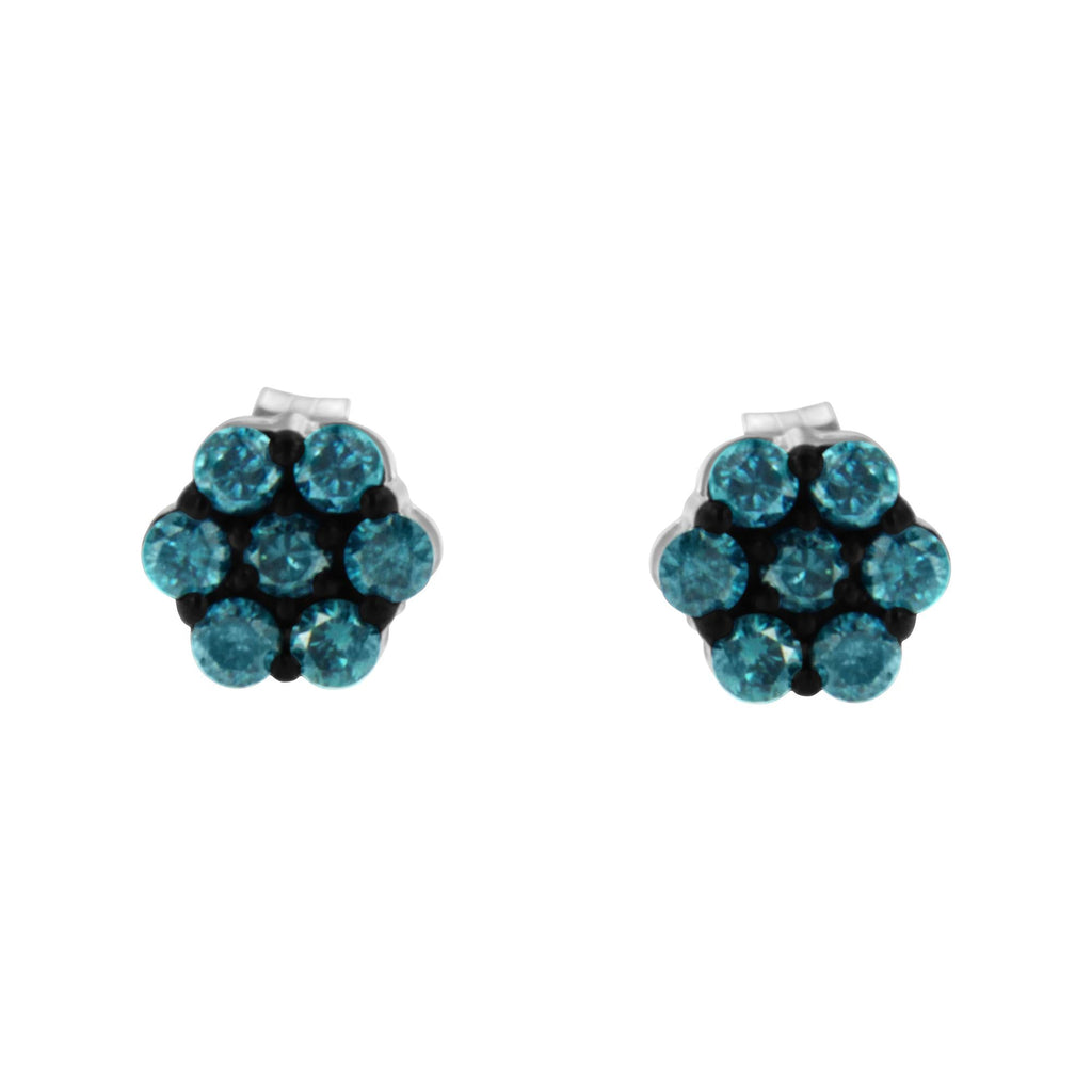 Sterling Silver Treated Blue Diamond Floral Stud Earrings (0.5 cttw, Blue Color, I2-I3 Clarity) - Friggin Jewelry