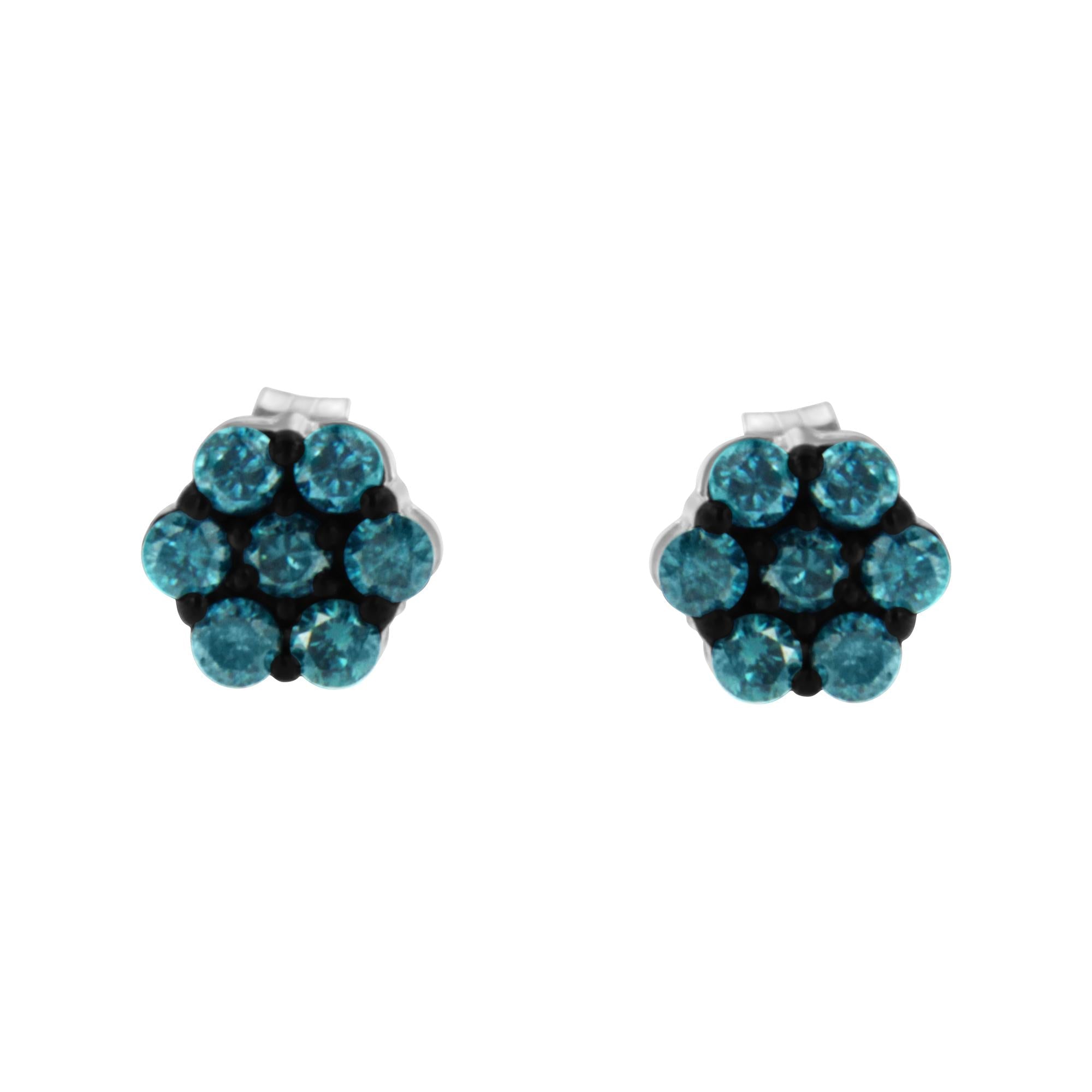 Sterling Silver Treated Blue Diamond Floral Stud Earrings (0.5 cttw, Blue Color, I2-I3 Clarity) - Friggin Jewelry