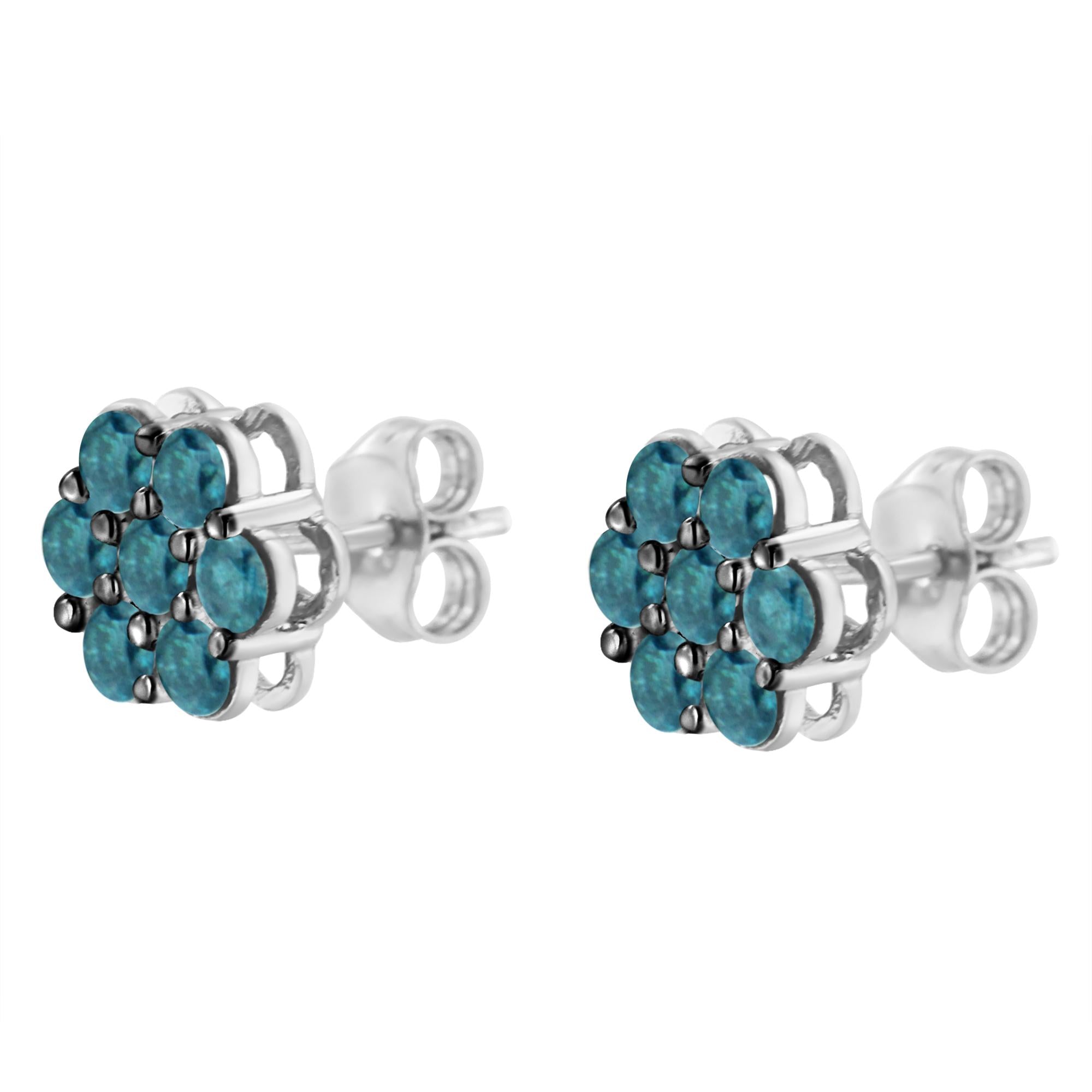 Pendientes de plata de ley con diseño floral de diamantes azules tratados (1 ct, color azul, claridad I2-I3) - Friggin Jewelry