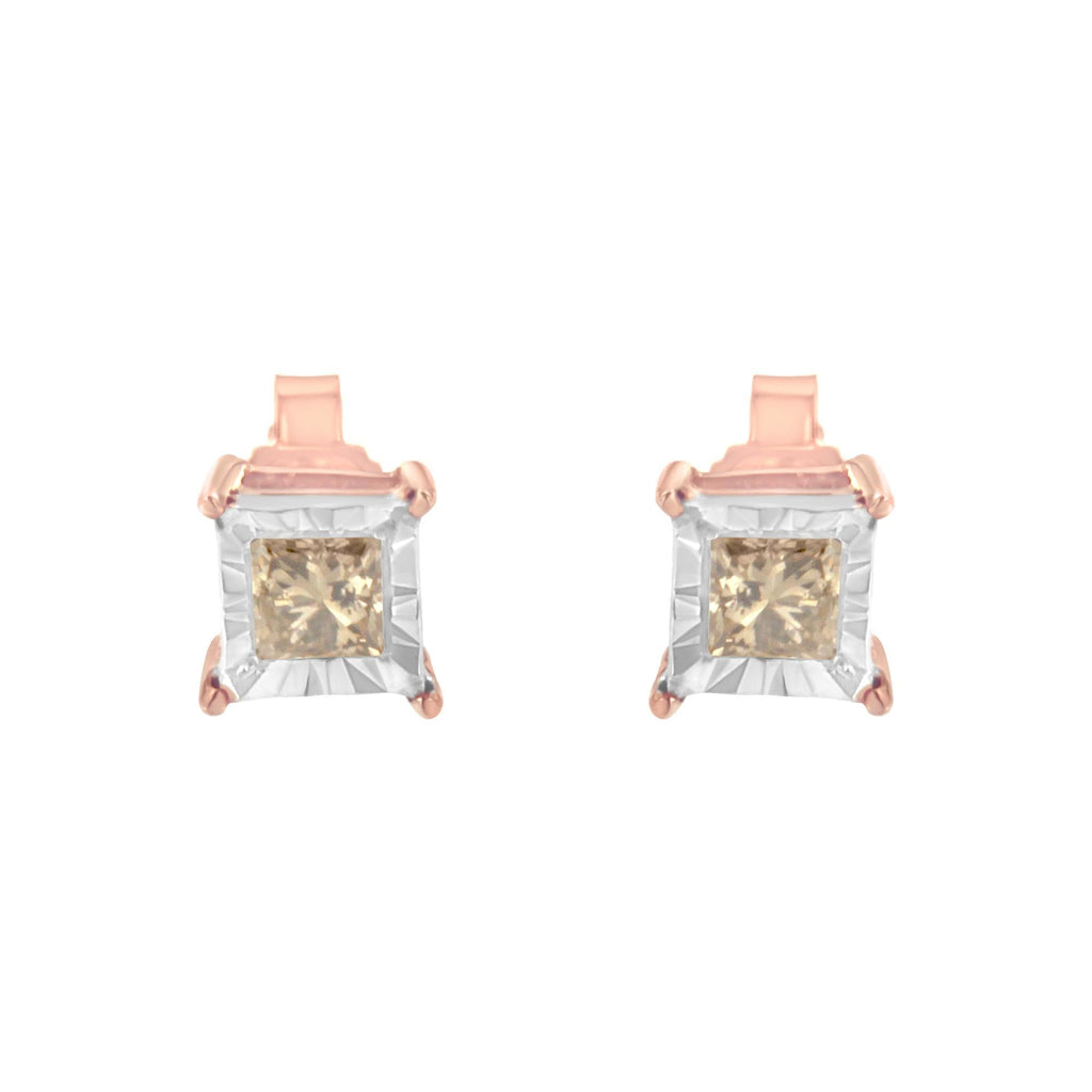 Aretes solitarios de 1/2 ct con diamantes cuadrados de talla princesa y baño de oro rosa de 14 quilates en plata de ley 925 de dos tonos (color KL, claridad I2-I3) - Friggin Jewelry