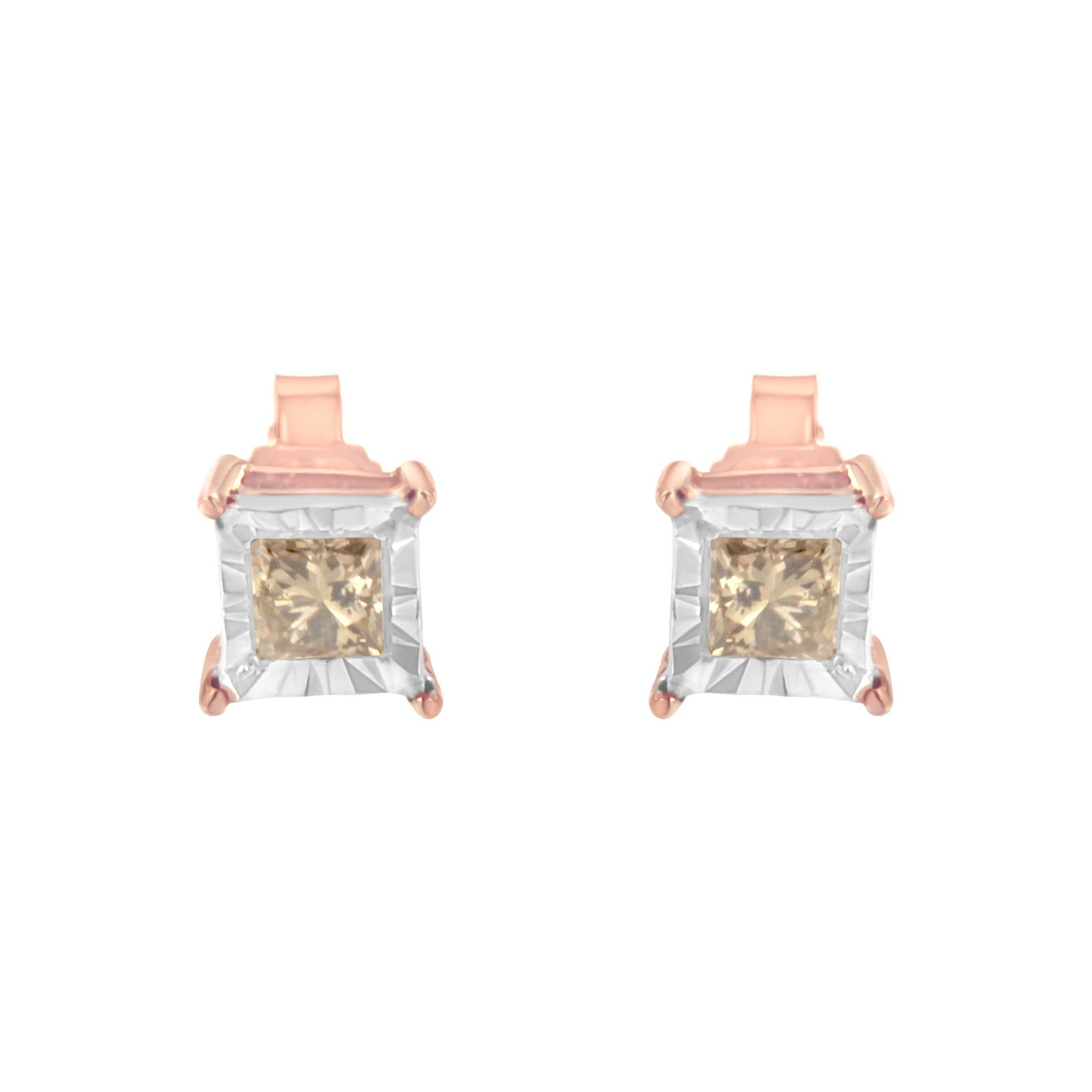14K Rose Gold Plated Two-Tone .925 Sterling Silver 1/2 Cttw Princess-Cut Square Diamond Solitaire Miracle-Plate Stud Earrings (K-L Color, I2-I3 Clarity) - Friggin Jewelry