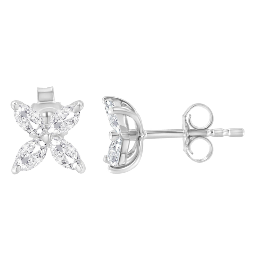 14K Gold Marquise Diamond 8 Stone Floral Leaf Stud Earrings (I-J Color, SI2-I1 Clarity) - Friggin Jewelry