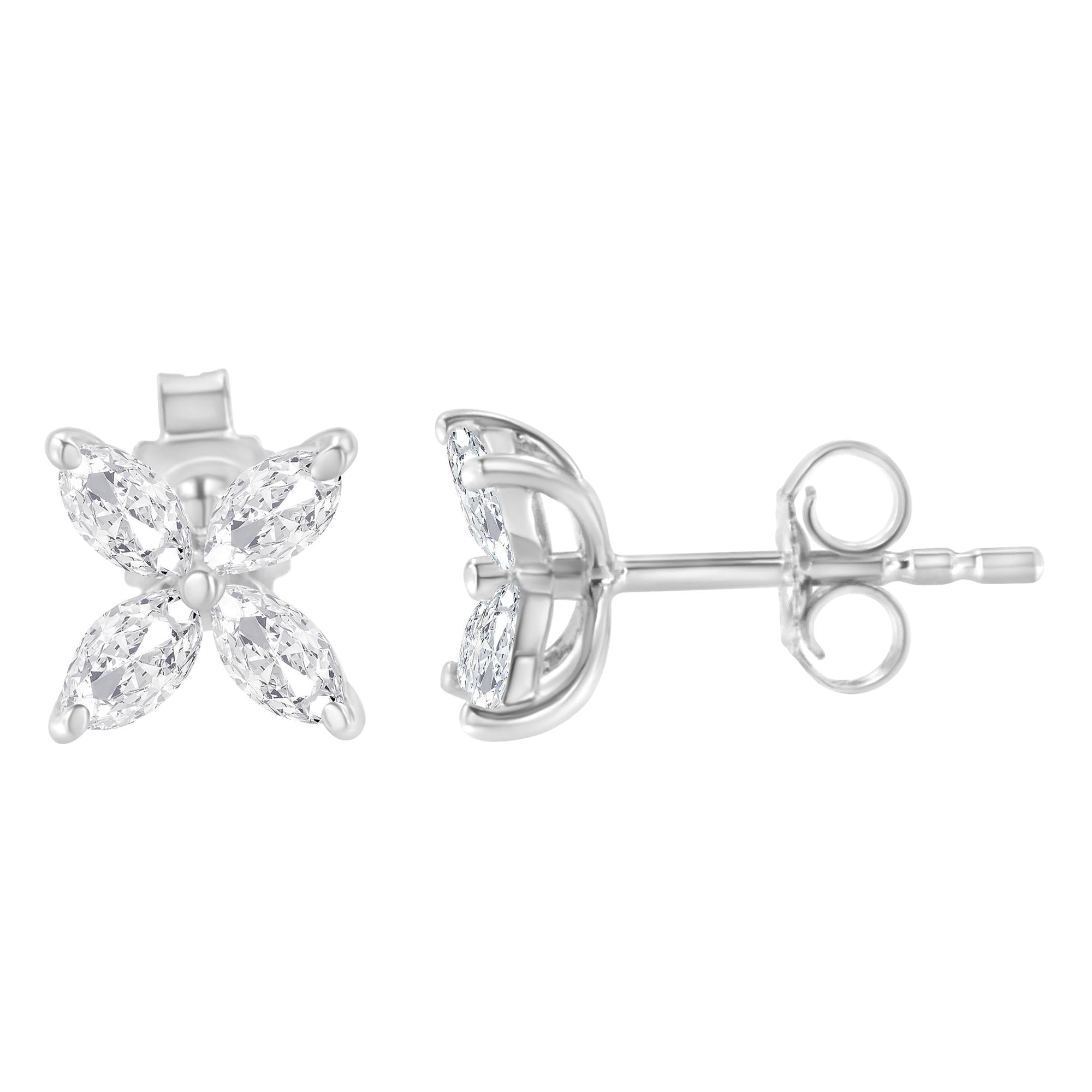 14K Gold Marquise Diamond 8 Stone Floral Leaf Stud Earrings (I-J Color, SI2-I1 Clarity) - Friggin Jewelry