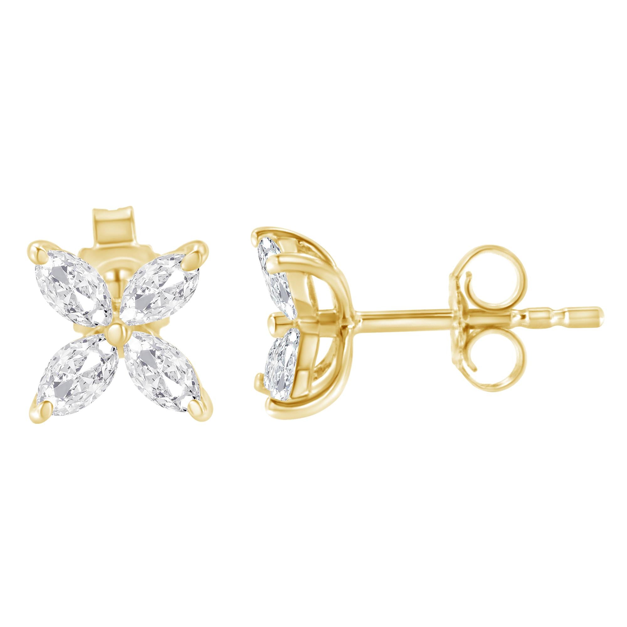 14K Gold Marquise Diamond 8 Stone Floral Leaf Stud Earrings (I-J Color, SI2-I1 Clarity) - Friggin Jewelry
