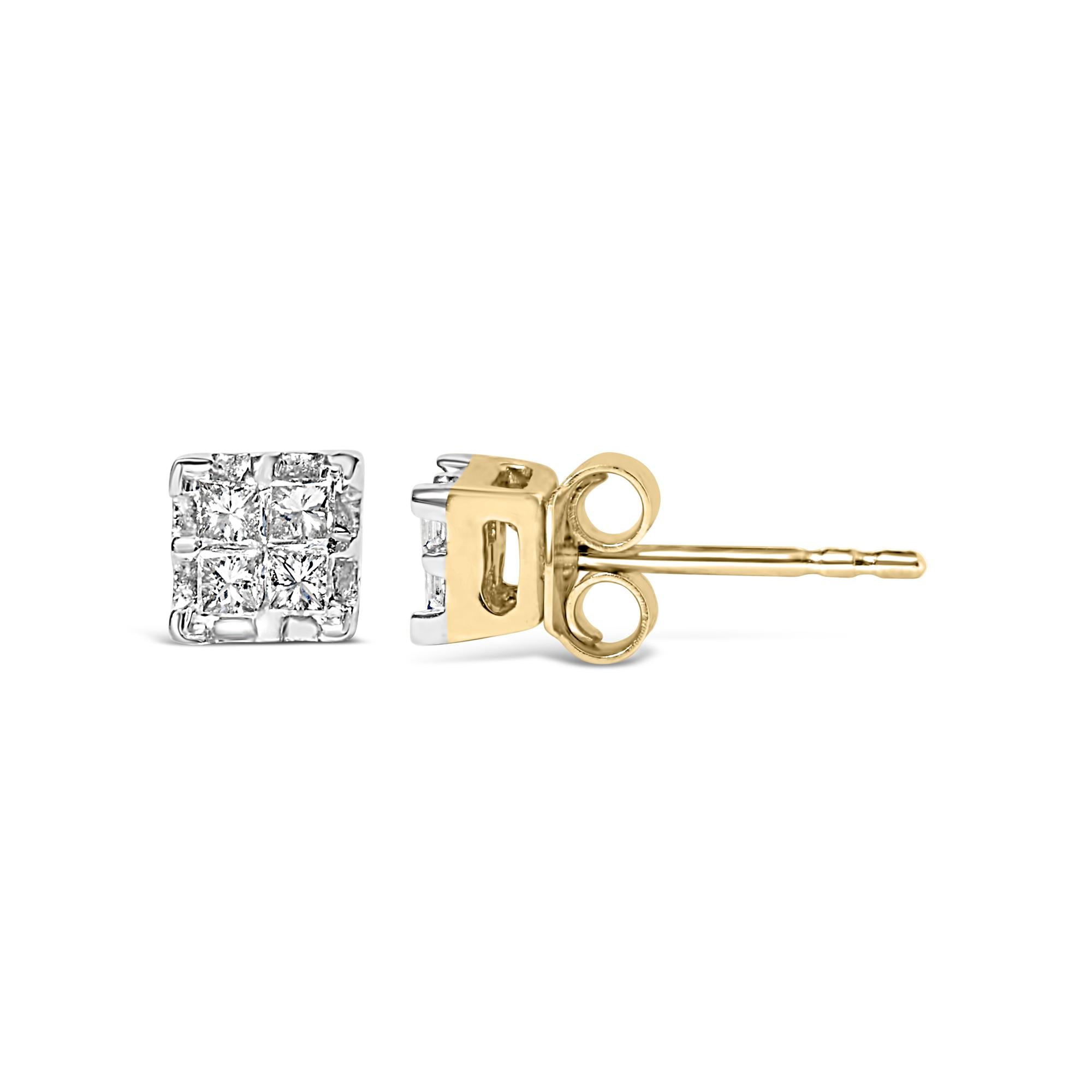 Aretes de oro amarillo de 10 k con diamantes princesa de cuatro puntas (1/4 ct, color JK, claridad I2-I3) - Friggin Jewelry