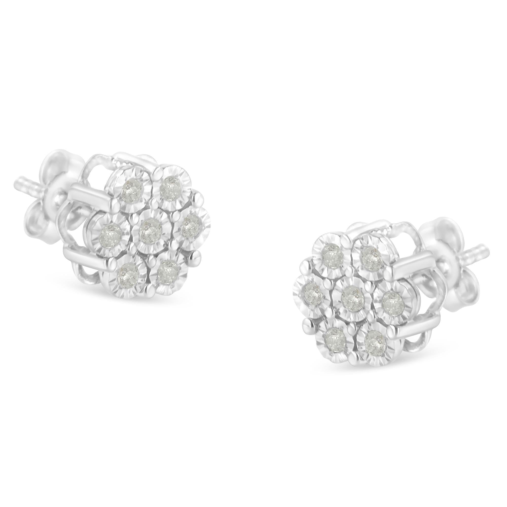 .925 Sterling Silver 1/4 Cttw Round-Cut Diamond Miracle-Set Floral Cluster Button Stud Earrings (I-J Color, I3 Clarity) - Friggin Jewelry